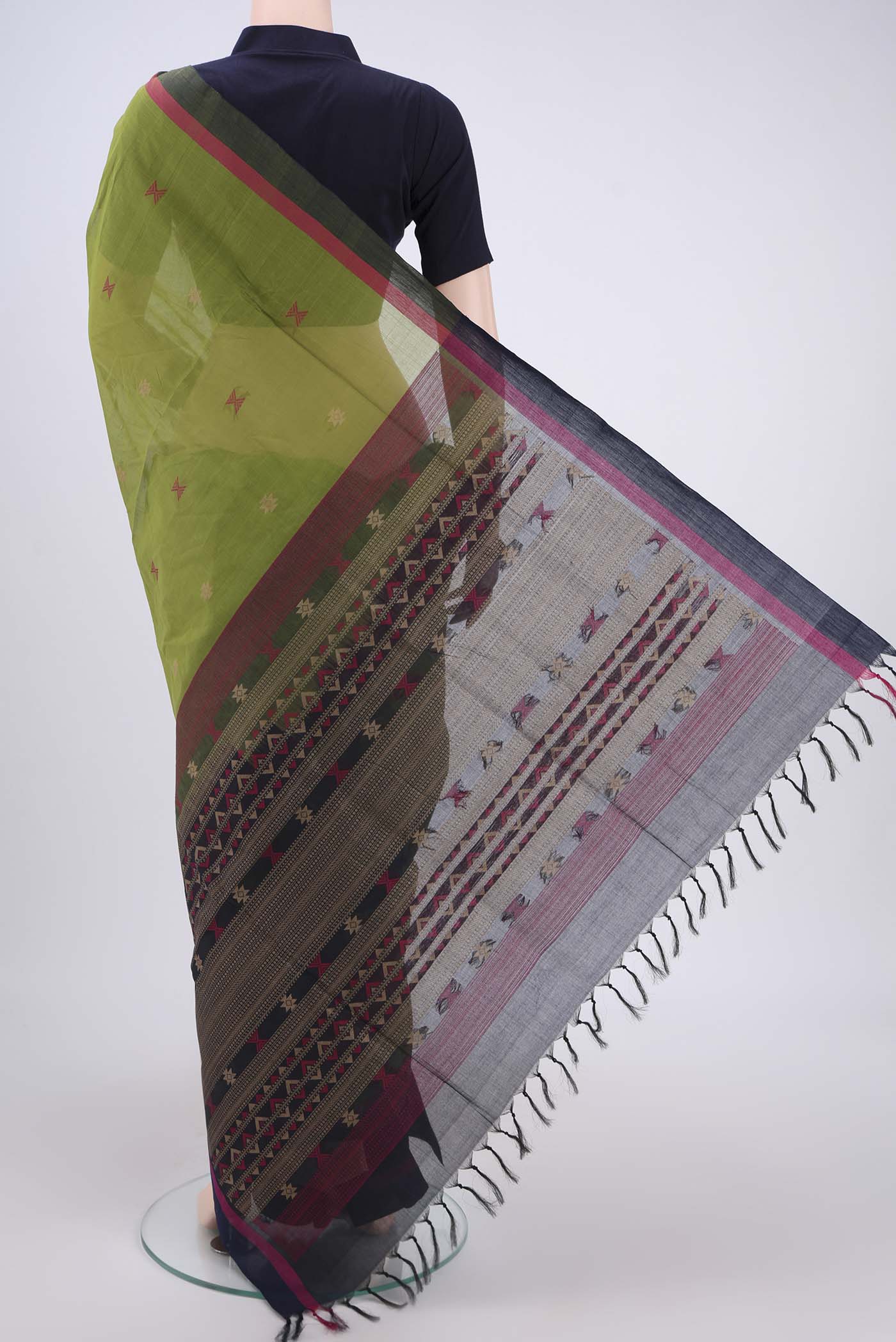 Flat view of Mehandi Green Coimbatore Cotton Saree with Stripes on the body and Thread Border. 