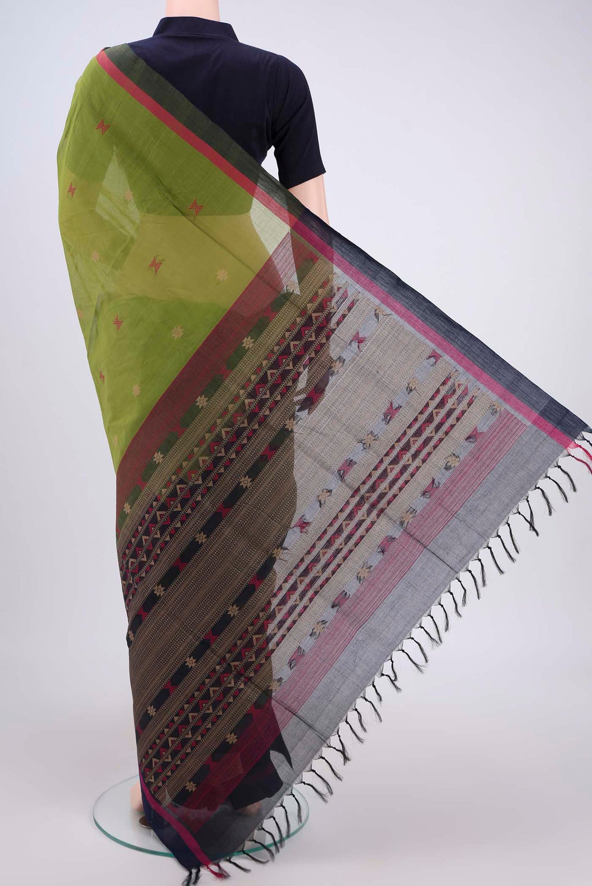 Flat view of Mehandi Green Coimbatore Cotton Saree with Stripes on the body and Thread Border. 