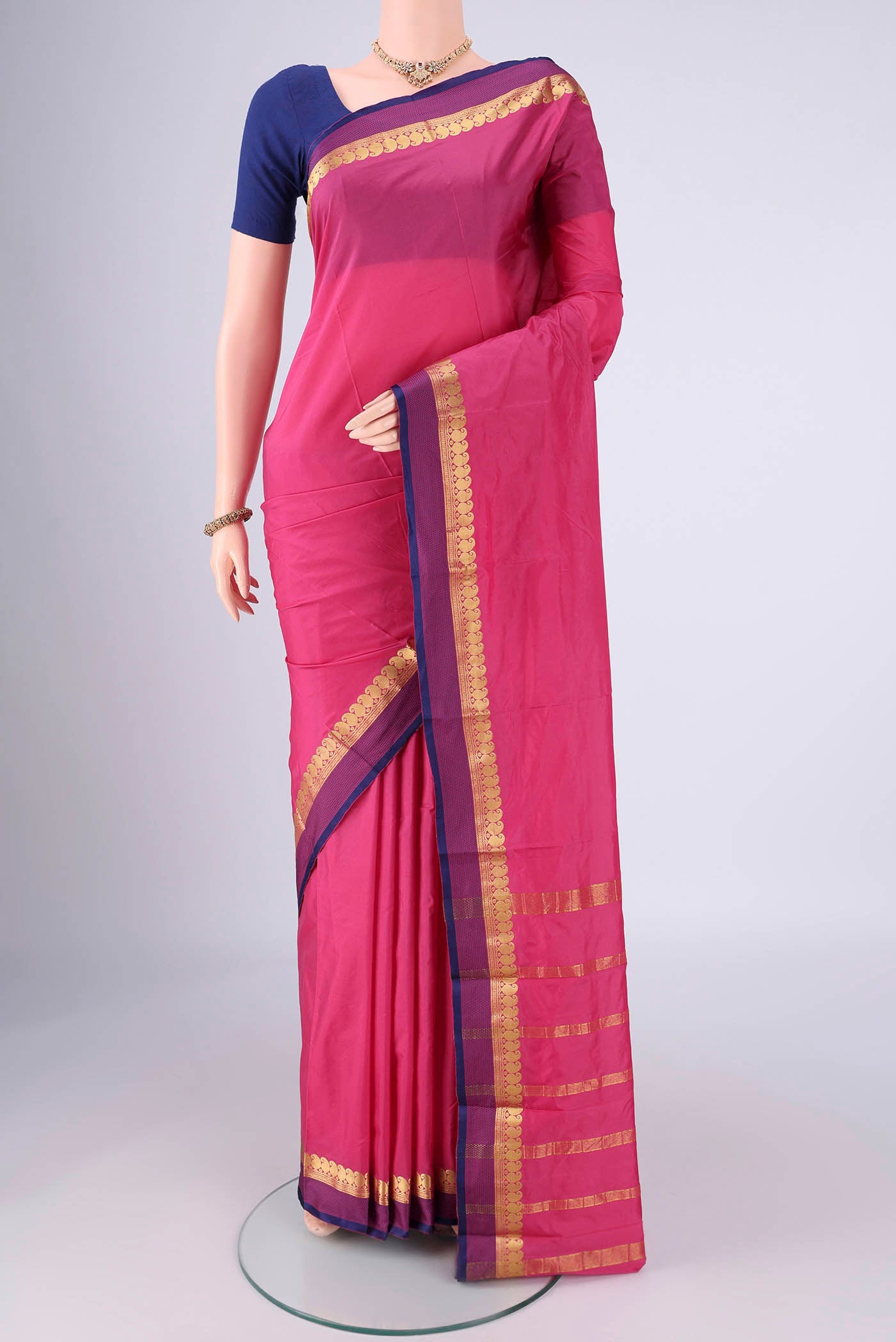 Pink Blended Bangalore Silk Saree with Plain Body and Zari Border.  displayed on a mannequin