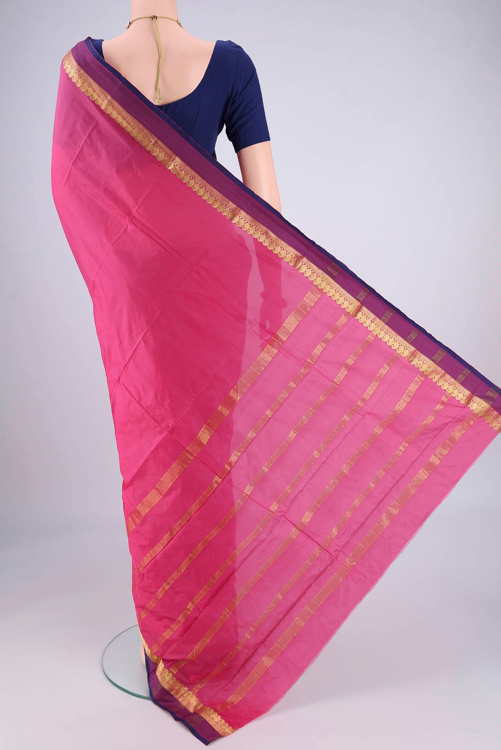 Flat view of Pink Blended Bangalore Silk Saree with Plain Body and Zari Border. 