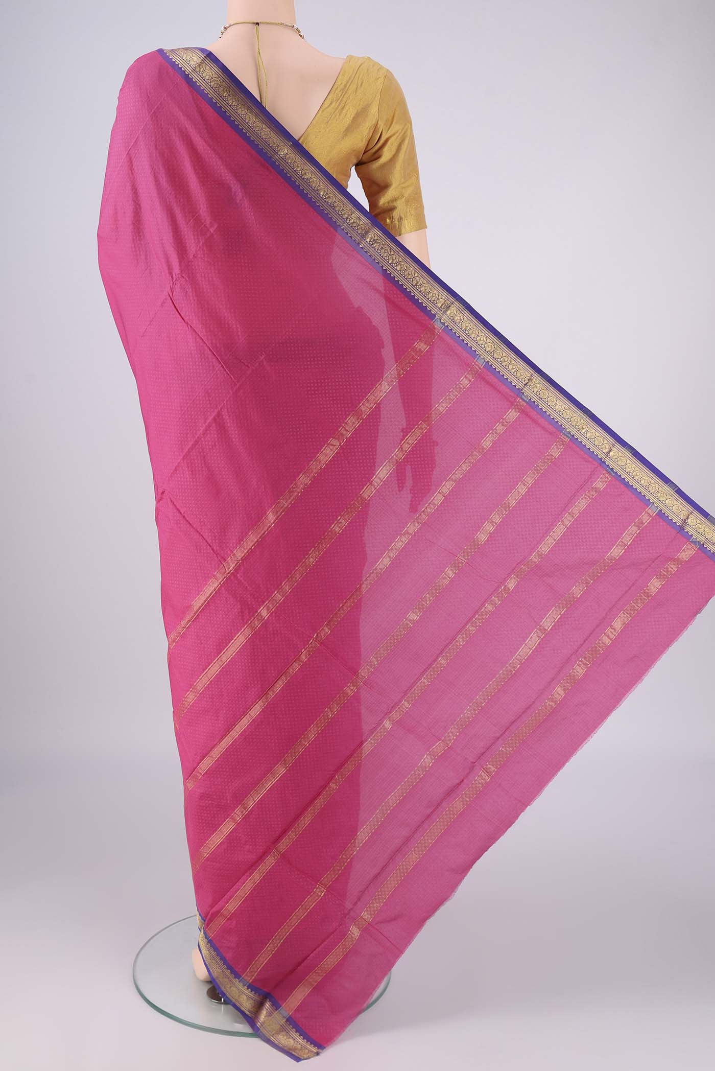Flat view of Pink Blended Bangalore Silk Saree with Jacquard design on the body and Zari Border. 