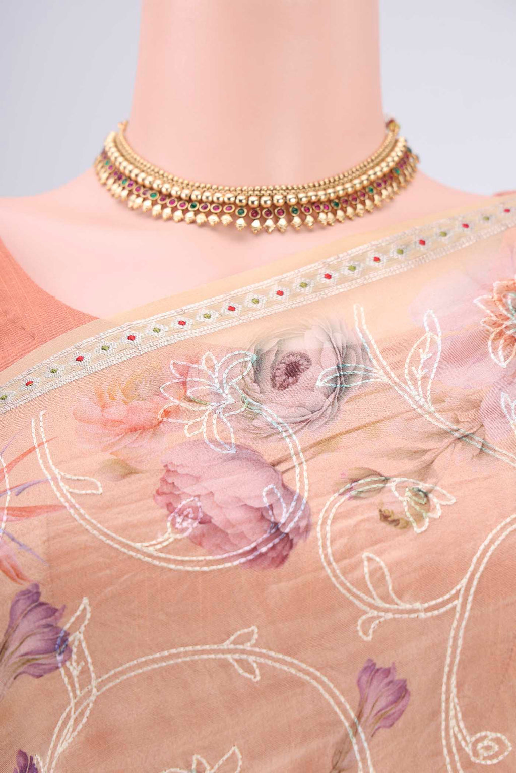 Border image of Beige Organza Silk Saree with Embroidery on the body and Zari Border. 