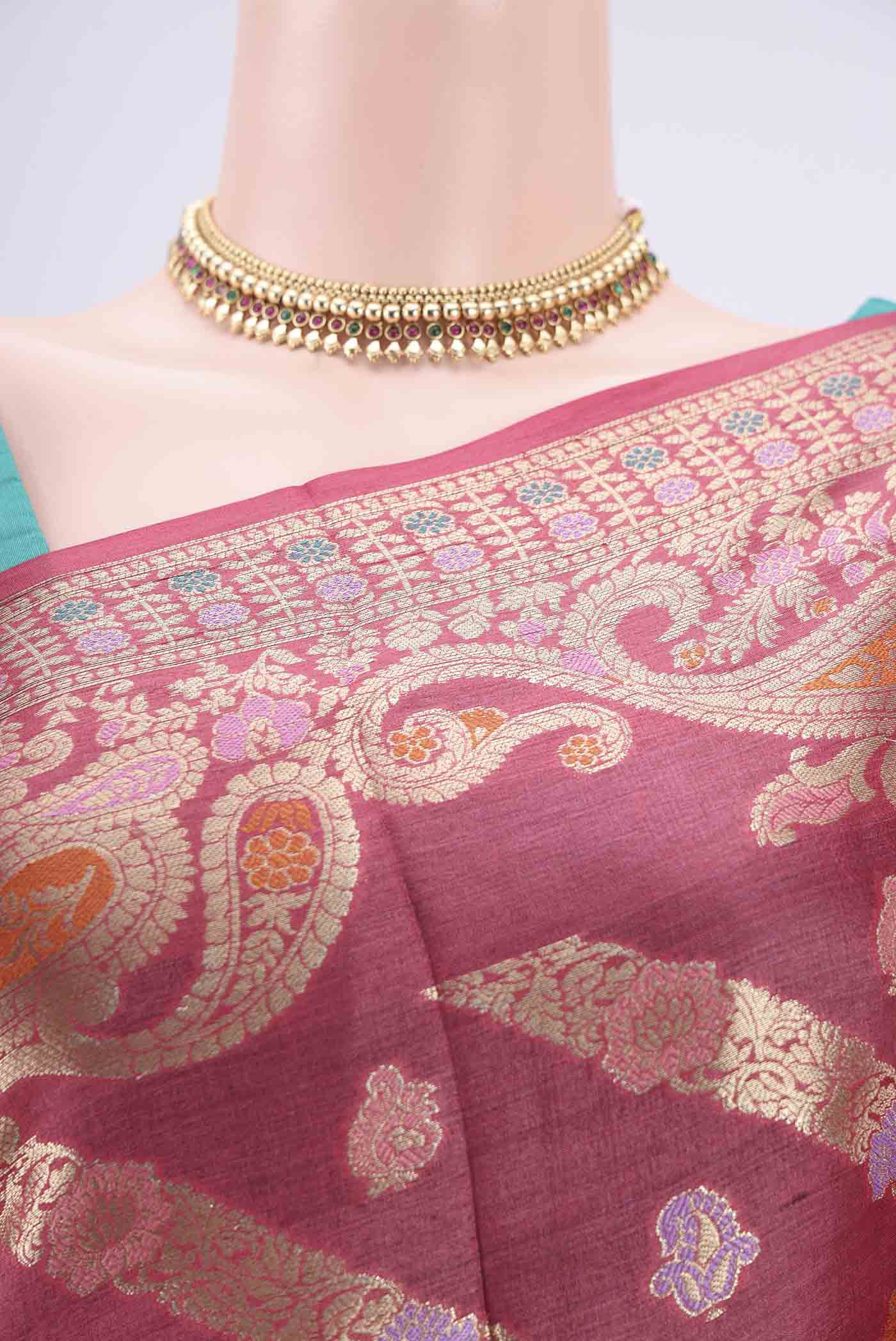 Border image of Pink Banarasi Tussar Silk Saree with Zari Brocade on the body and Zari And Thread Border. 