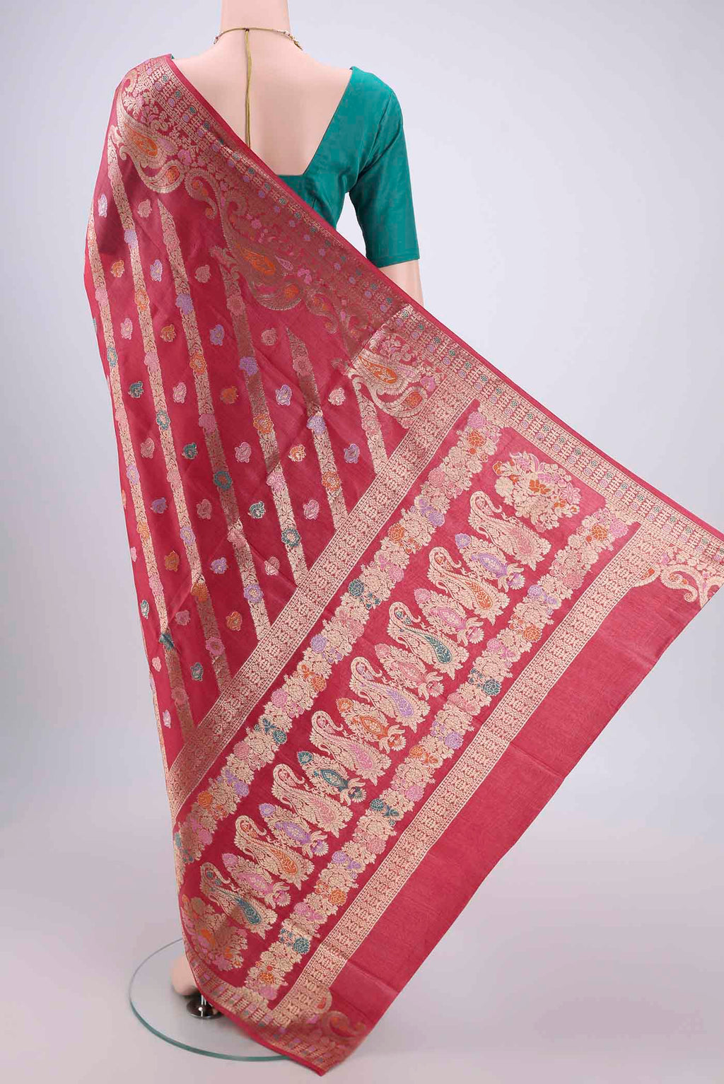 Flat view of Pink Banarasi Tussar Silk Saree with Zari Brocade on the body and Zari And Thread Border. 