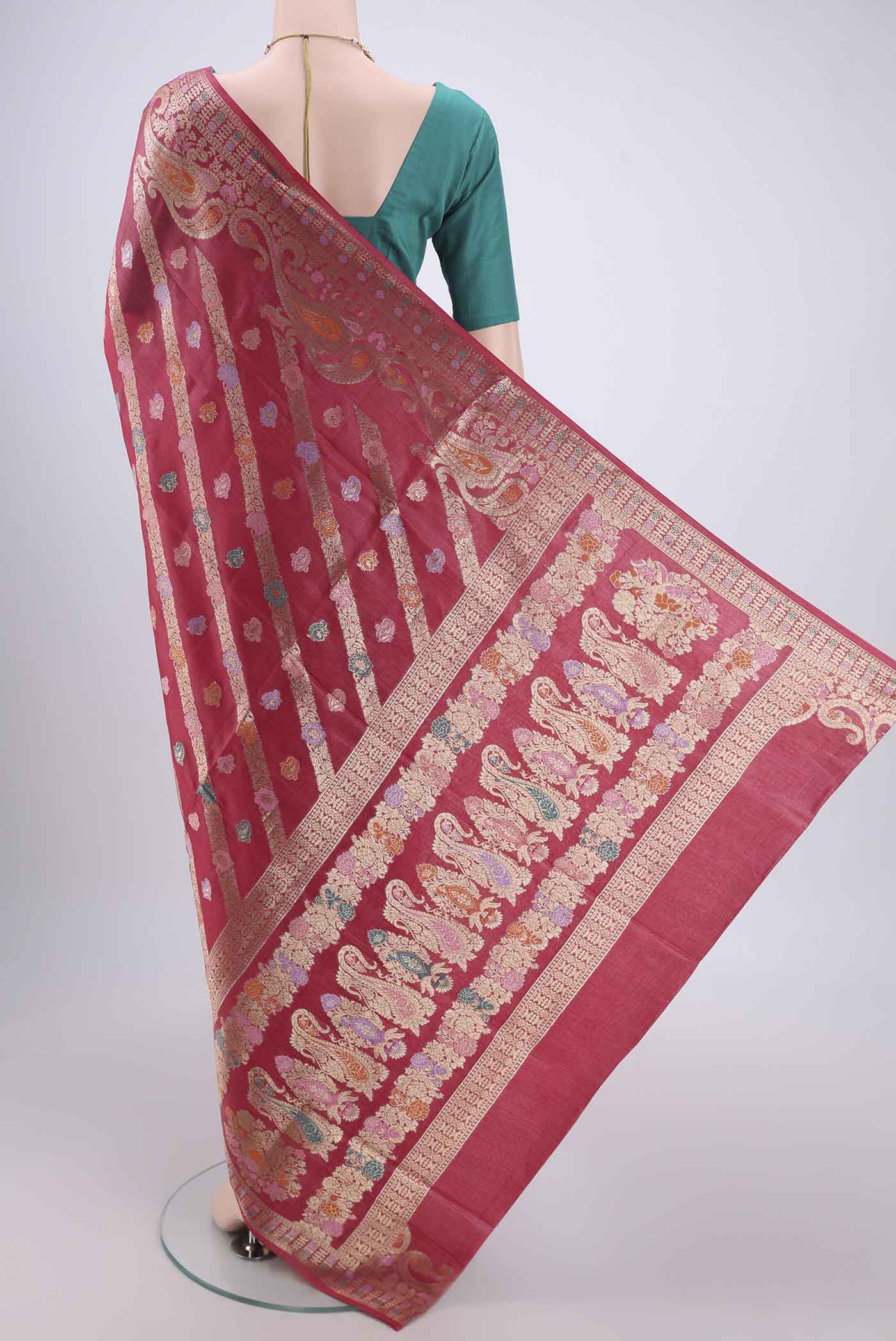 Flat view of Pink Banarasi Tussar Silk Saree with Zari Brocade on the body and Zari And Thread Border. 