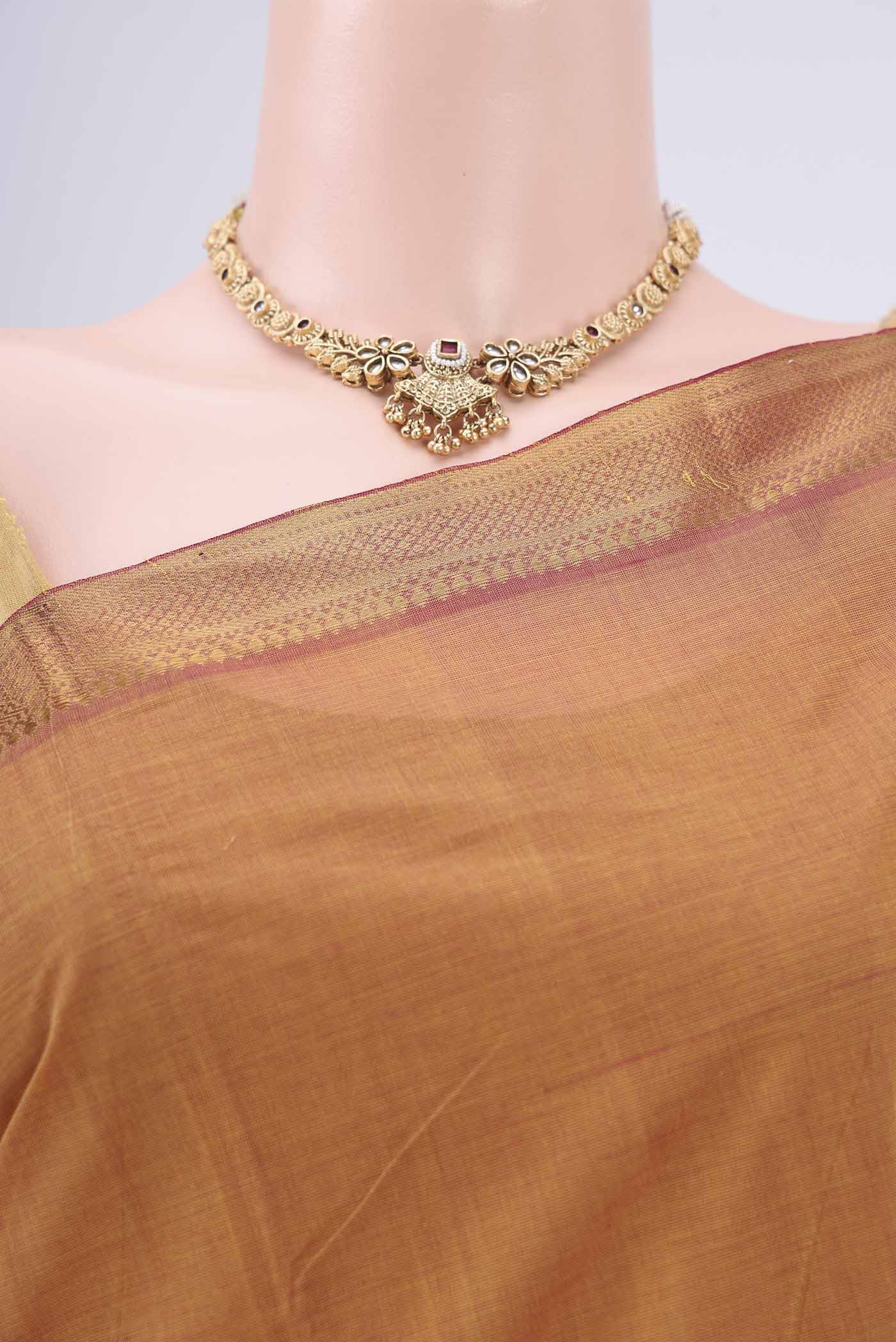 Border image of Mustard Mangalagiri Cotton Saree with Plain Body and Zari Border. 