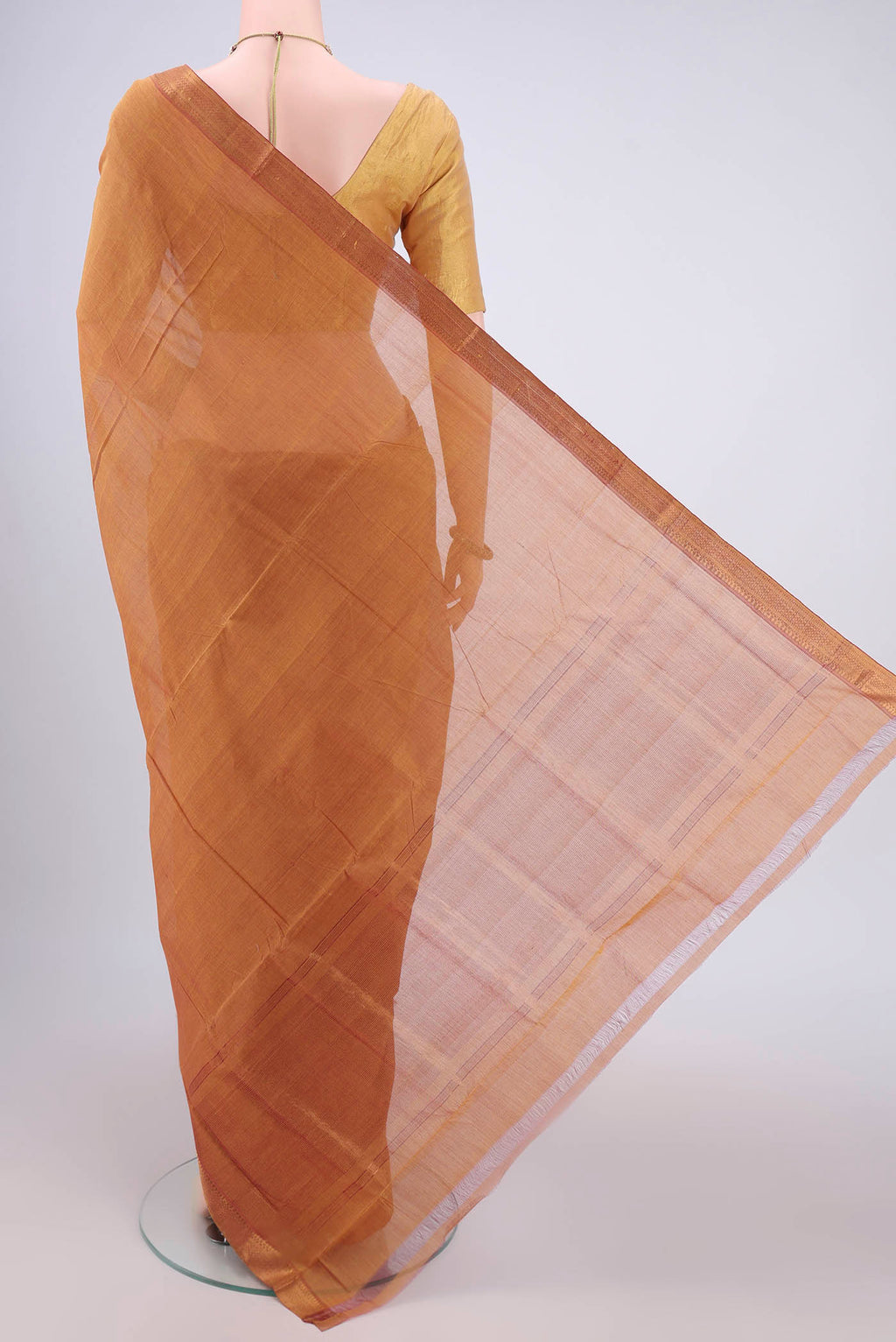 Flat view of Mustard Mangalagiri Cotton Saree with Plain Body and Zari Border. 