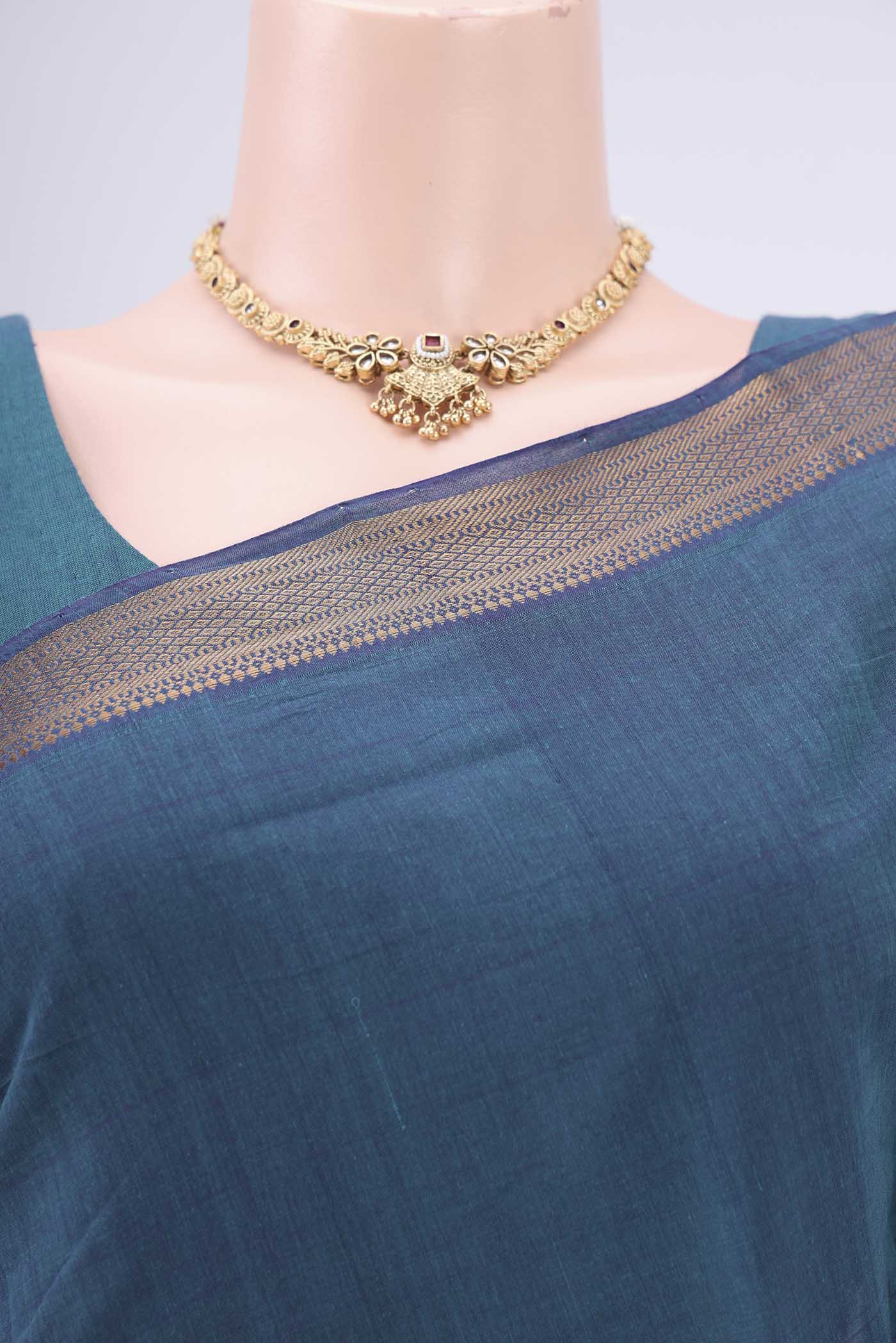 Border image of Peacock Blue Mangalagiri Cotton Saree with Plain Body and Zari Border. 