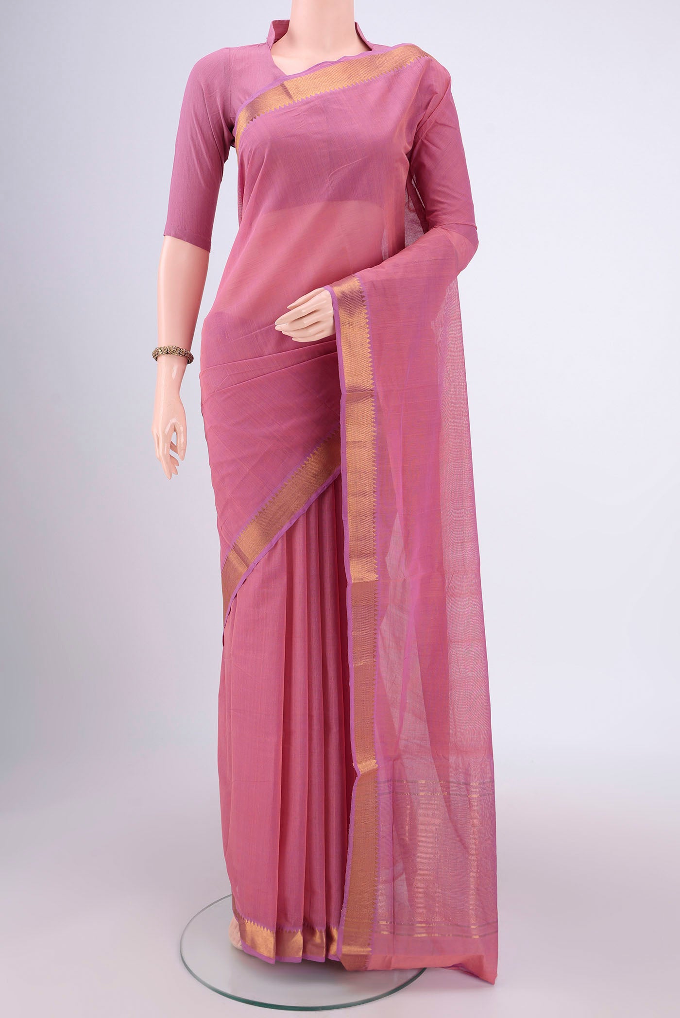 Pink Mangalagiri Cotton Saree with Plain Body and Zari Border.  displayed on a mannequin