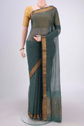 Davys Grey Mangalagiri Cotton Saree with Plain Body and Zari Border.  displayed on a mannequin