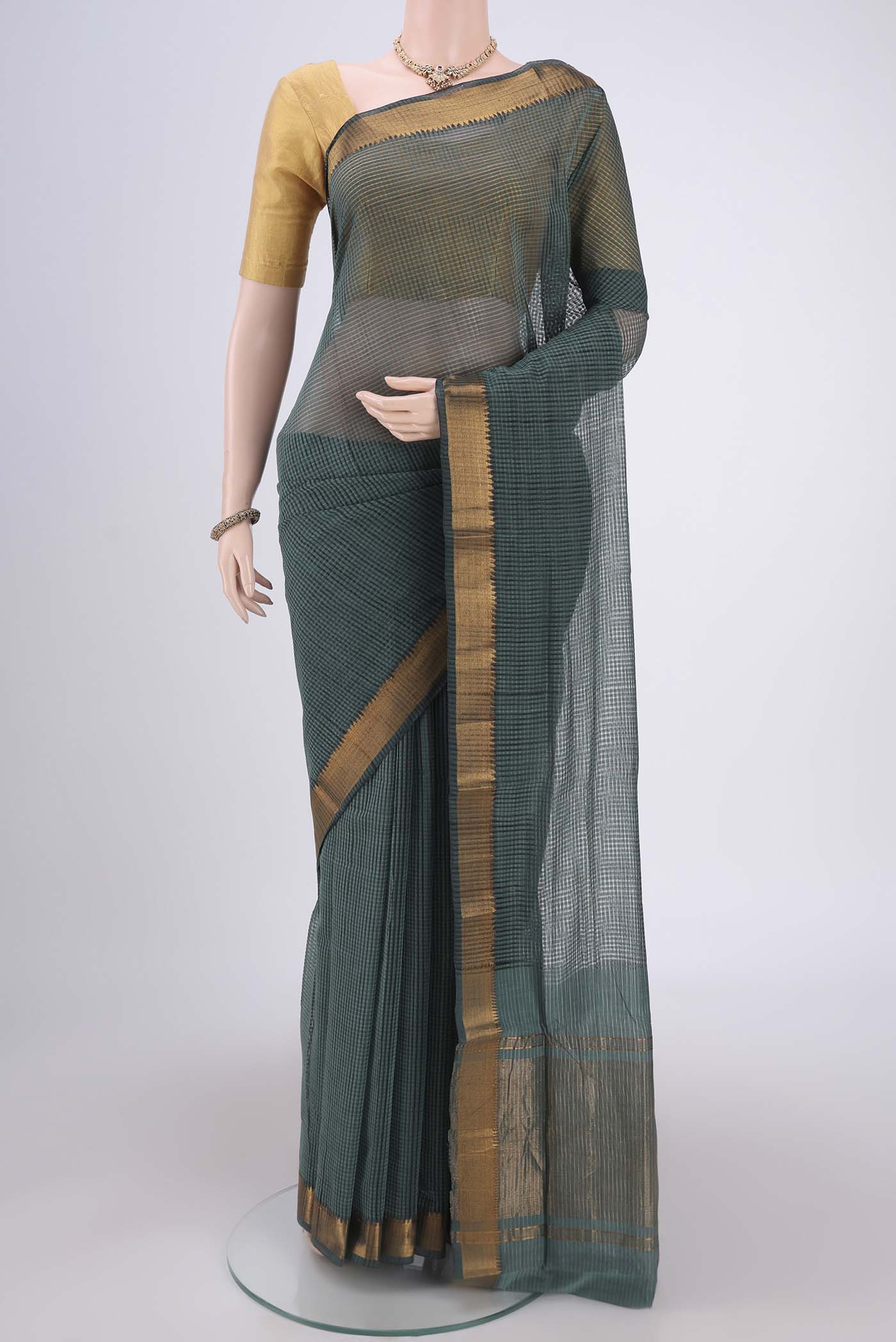 Davys Grey Mangalagiri Cotton Saree with Plain Body and Zari Border.  displayed on a mannequin