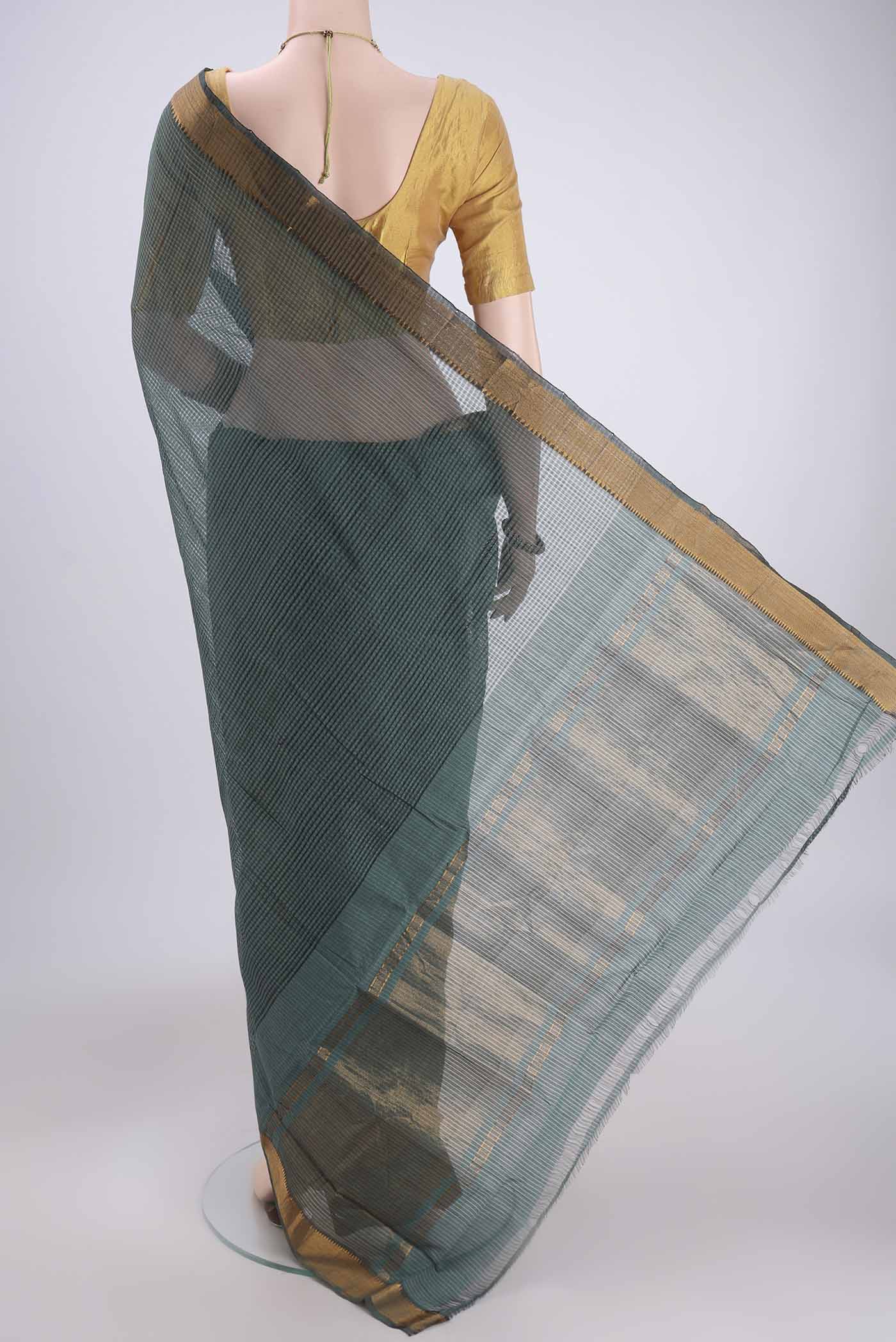 Flat view of Davys Grey Mangalagiri Cotton Saree with Plain Body and Zari Border. 