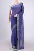 Purple Mangalagiri Cotton Saree with Plain Body and Zari Border.  displayed on a mannequin