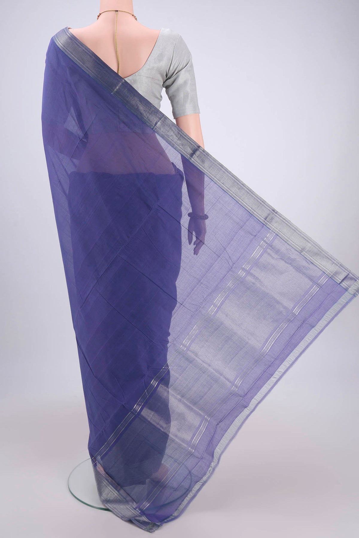 Flat view of Purple Mangalagiri Cotton Saree with Plain Body and Zari Border. 