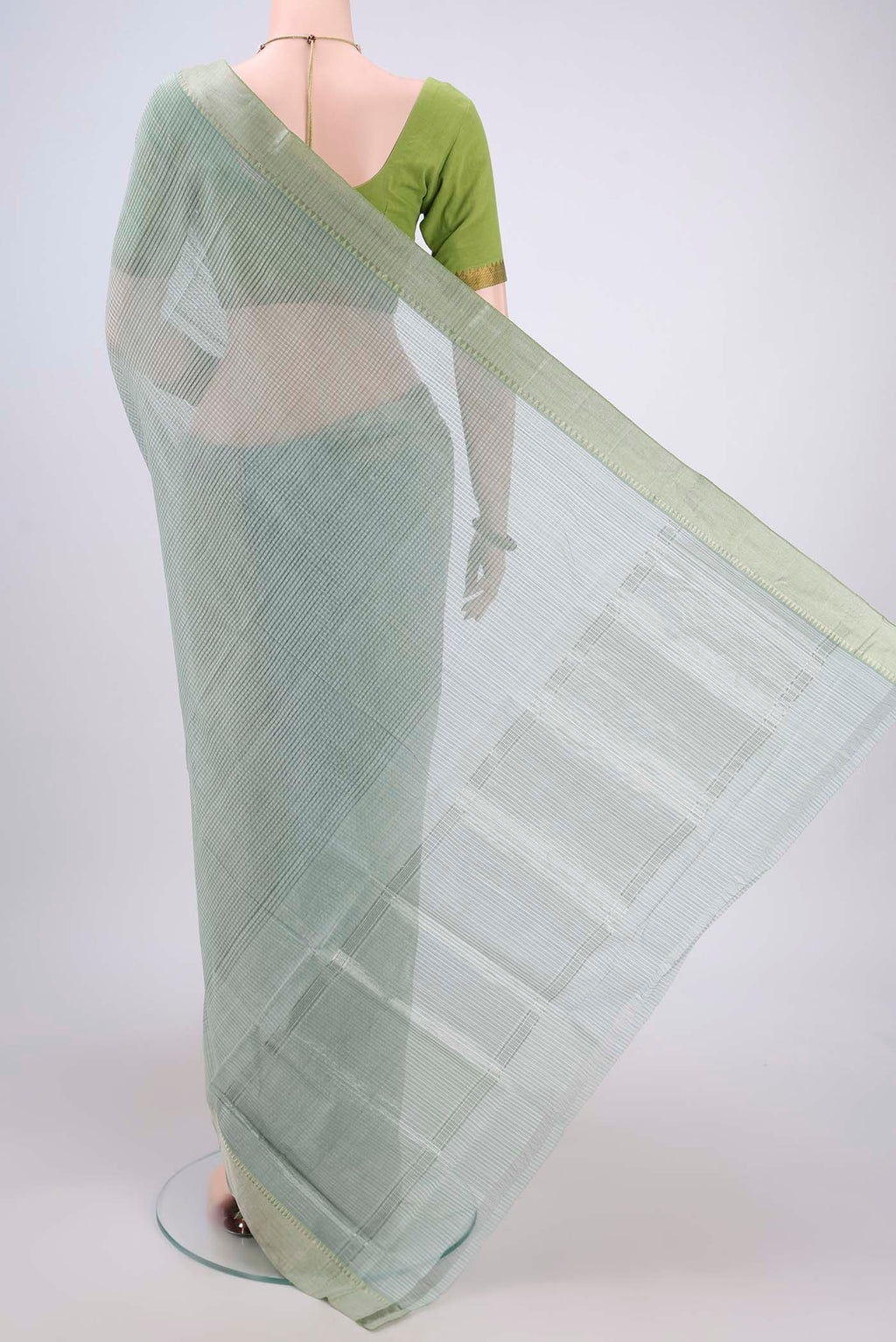 Flat view of Sage Green Mangalagiri Cotton Saree with Plain Body and Zari Border. 