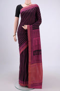 Black Maheshwari Silk Cotton Saree with Stripes on the body and Zari Border.  displayed on a mannequin