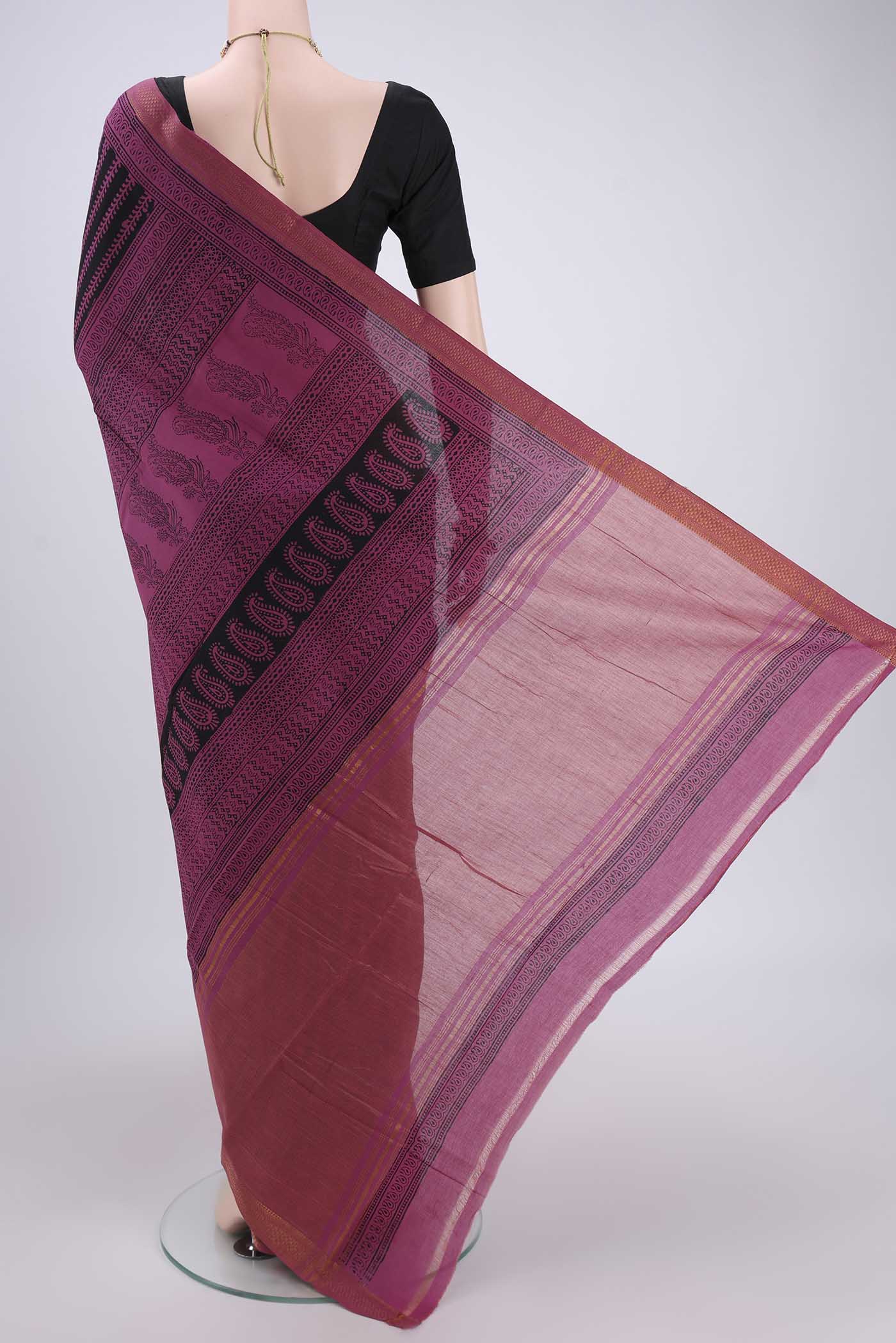 Flat view of Black Maheshwari Silk Cotton Saree with Stripes on the body and Zari Border. 