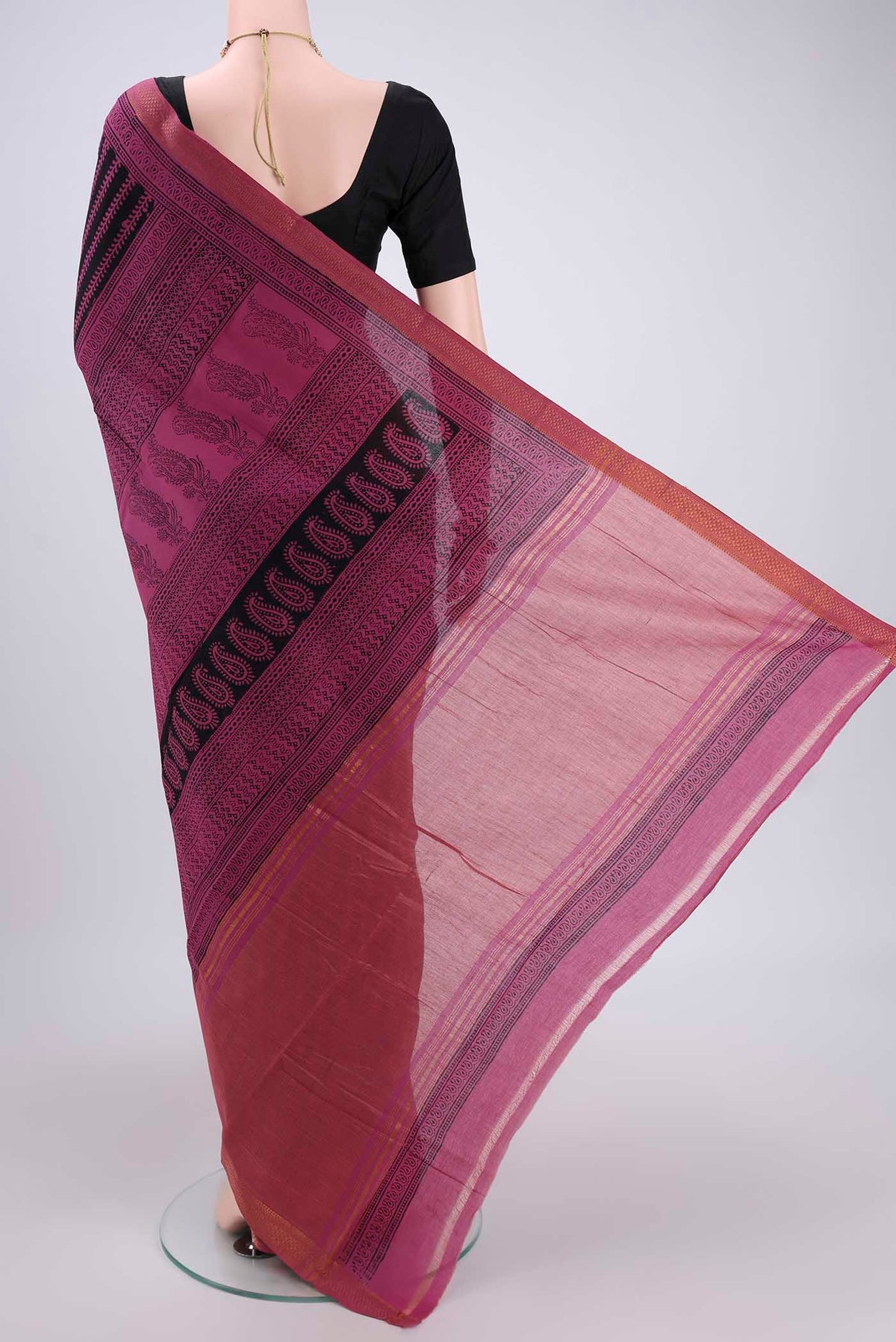 Flat view of Black Maheshwari Silk Cotton Saree with Stripes on the body and Zari Border. 
