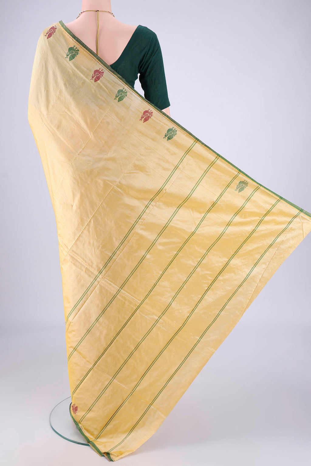 Flat view of Sandal Kanchipuram Silk Saree with Plain Body and Zari And Thread Border. 
