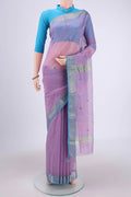 Pink Maheshwari Silk Cotton Saree with Zari And Thread Butta on the body and Zari Border.  displayed on a mannequin