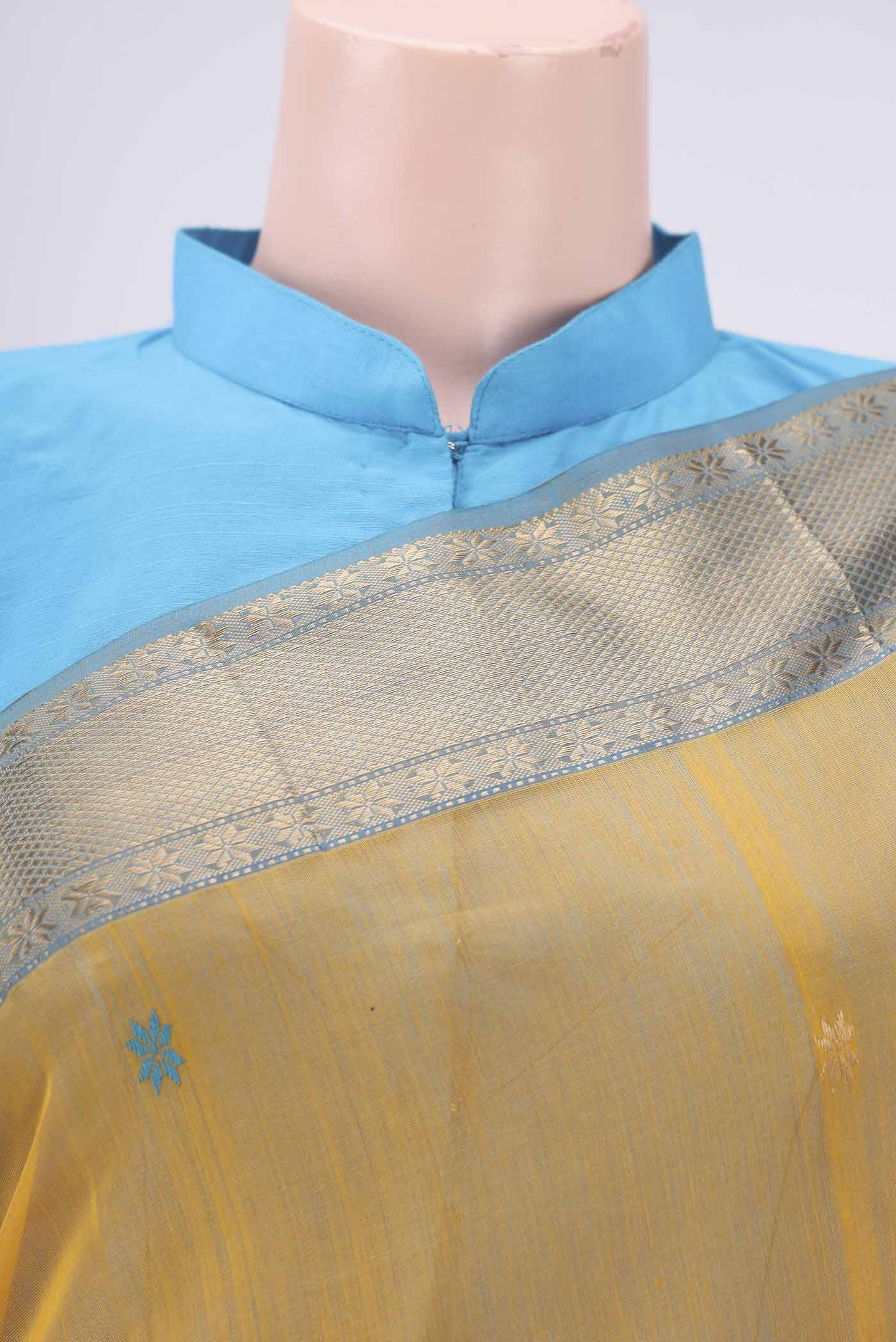 Border image of Yellow Maheshwari Silk Cotton Saree with Zari Butta on the body and Zari Border. 