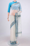 White Maheshwari Silk Cotton Saree with Plain Body and Zari Border.  displayed on a mannequin