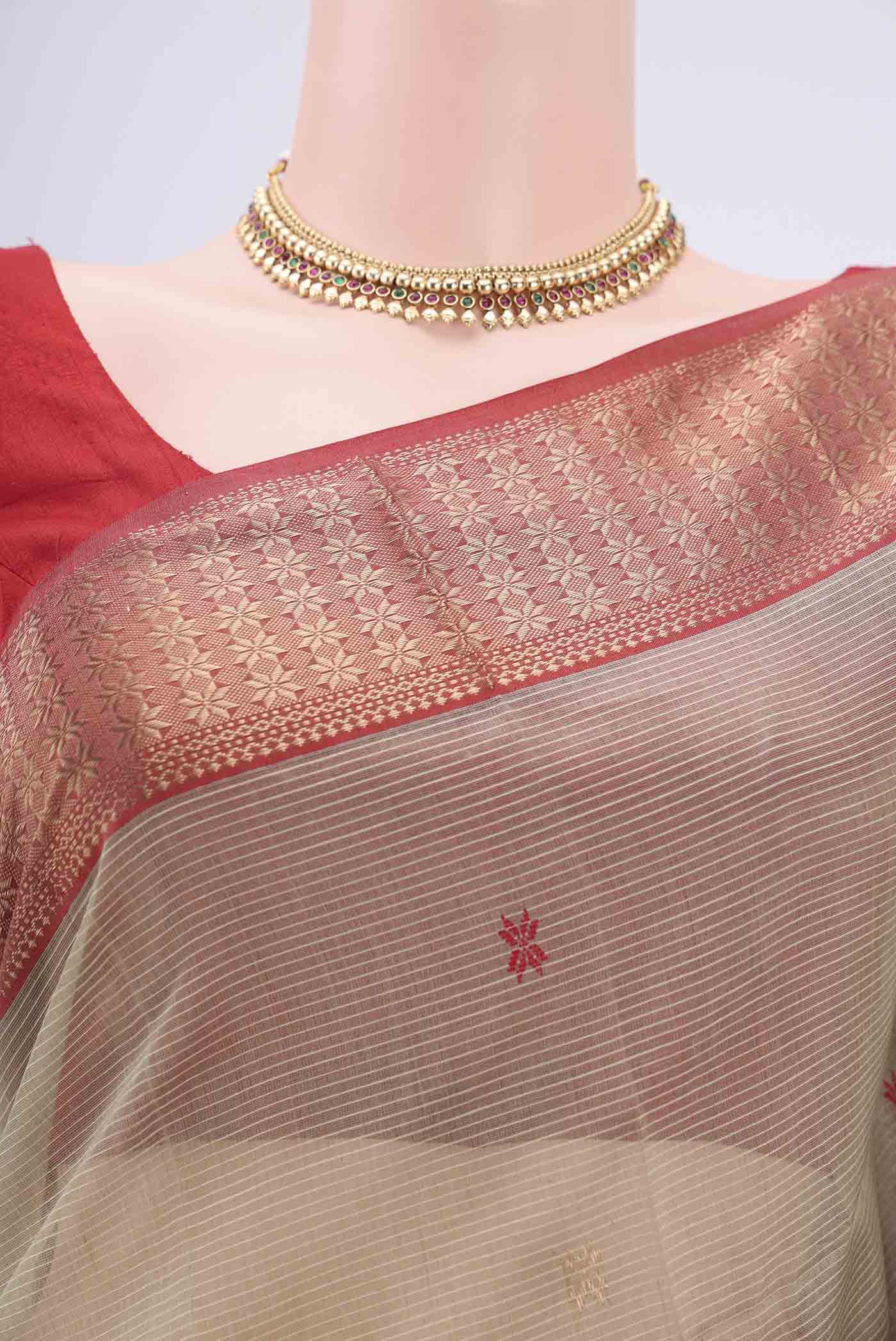 Border image of Pista Green Maheshwari Silk Cotton Saree with Zari And Thread Butta on the body and Zari Border. 