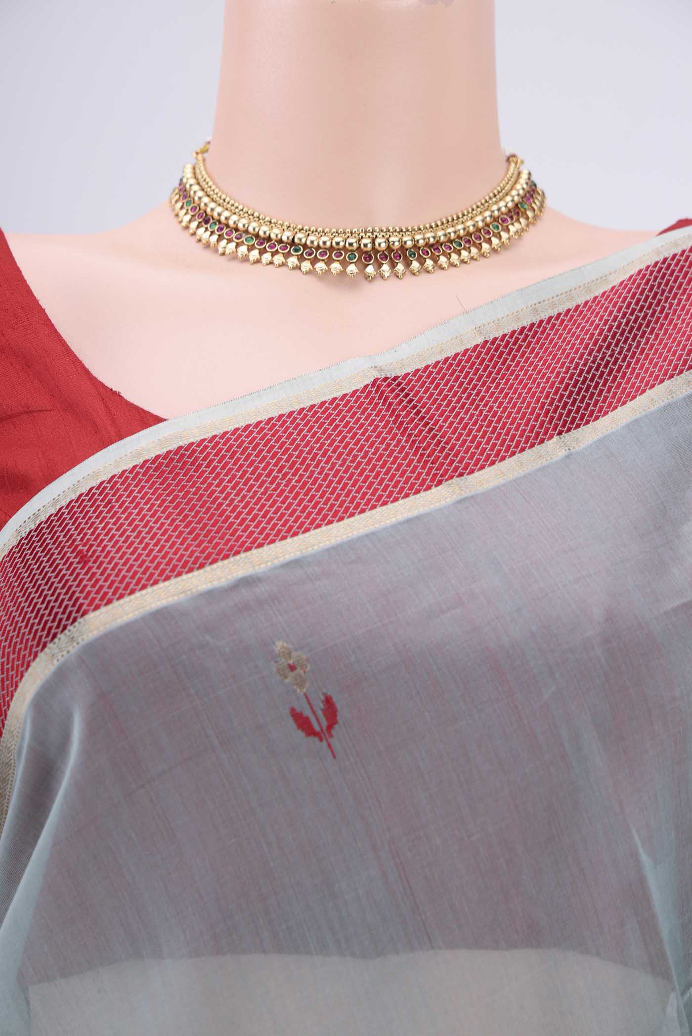 Border image of Sage Green Maheshwari Silk Cotton Saree with Zari And Thread Butta on the body and Zari Border. 