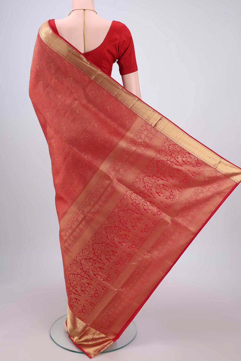 Flat view of Red Dual Tone Soft Silk Saree with Zari Brocade on the body and Zari Border. 
