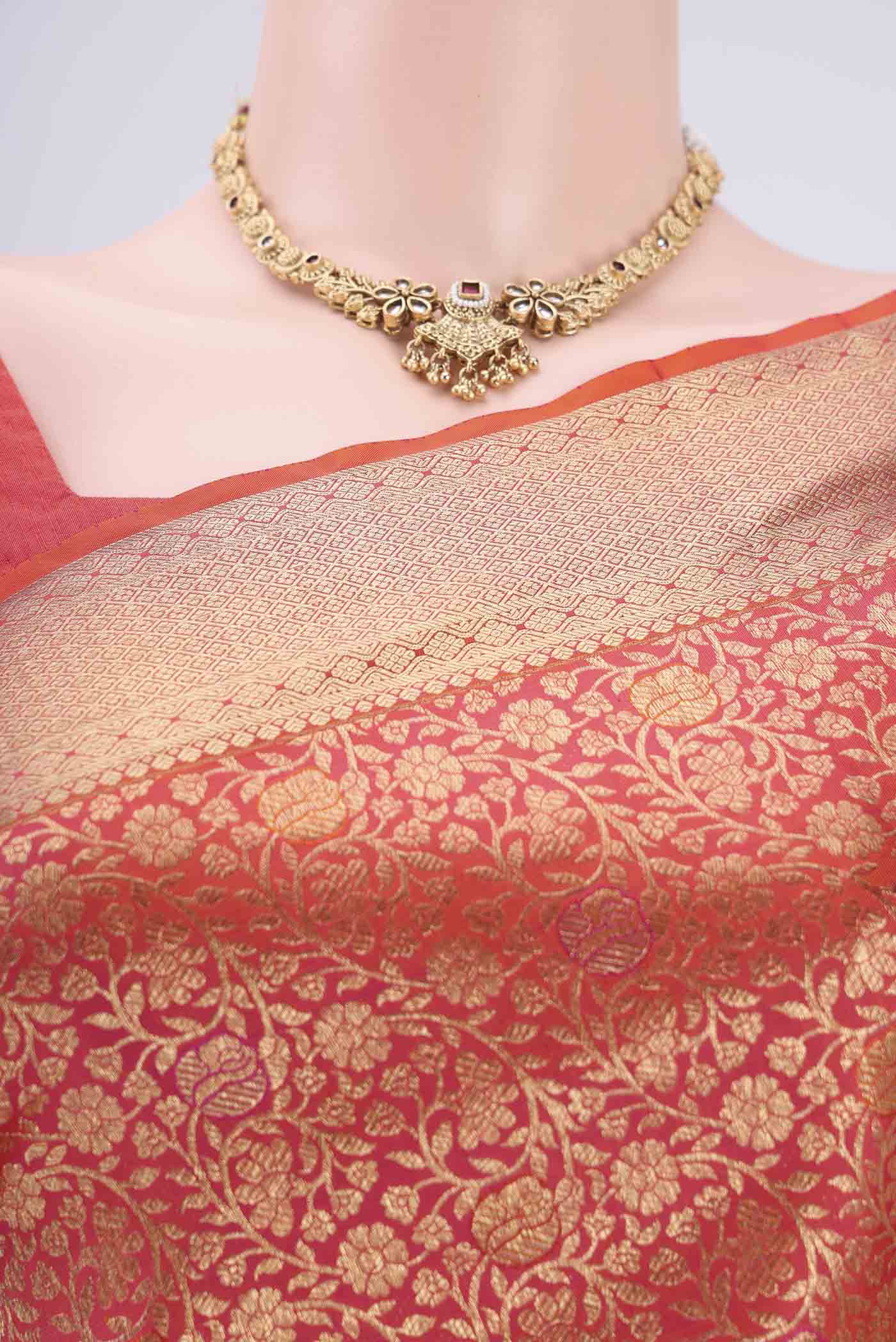 Border image of Brick Orange Dual Tone Soft Silk Saree with Zari Brocade on the body and Zari Border. 