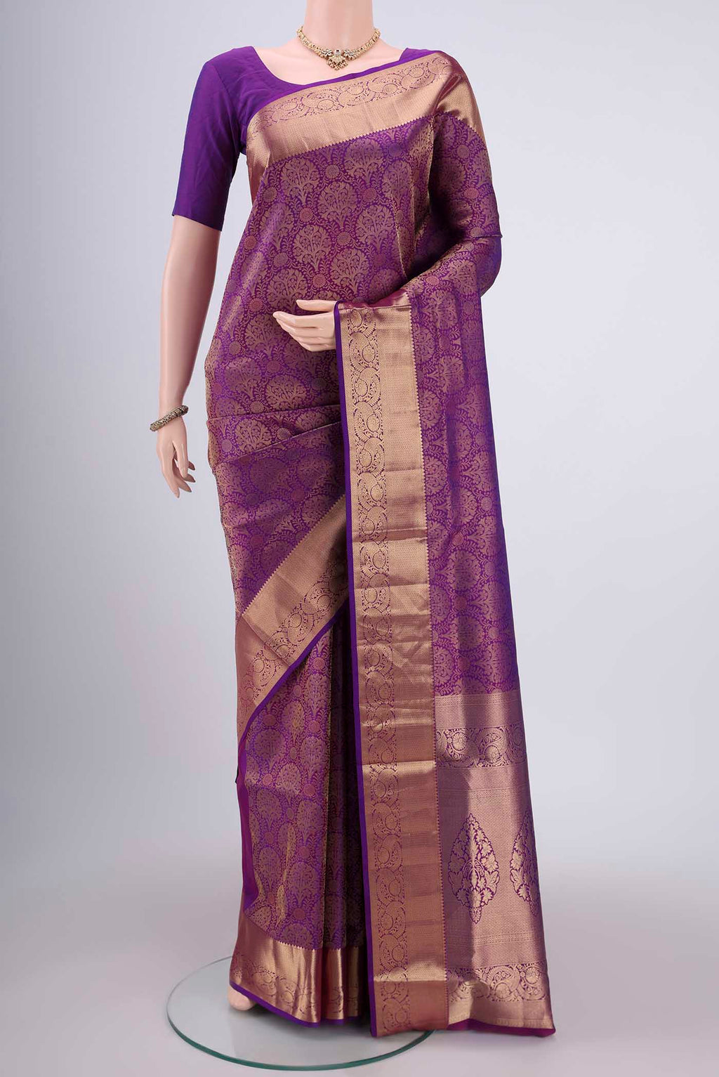 Purple Dual Tone Soft Silk Saree with Zari Brocade on the body and Zari Border.  displayed on a mannequin