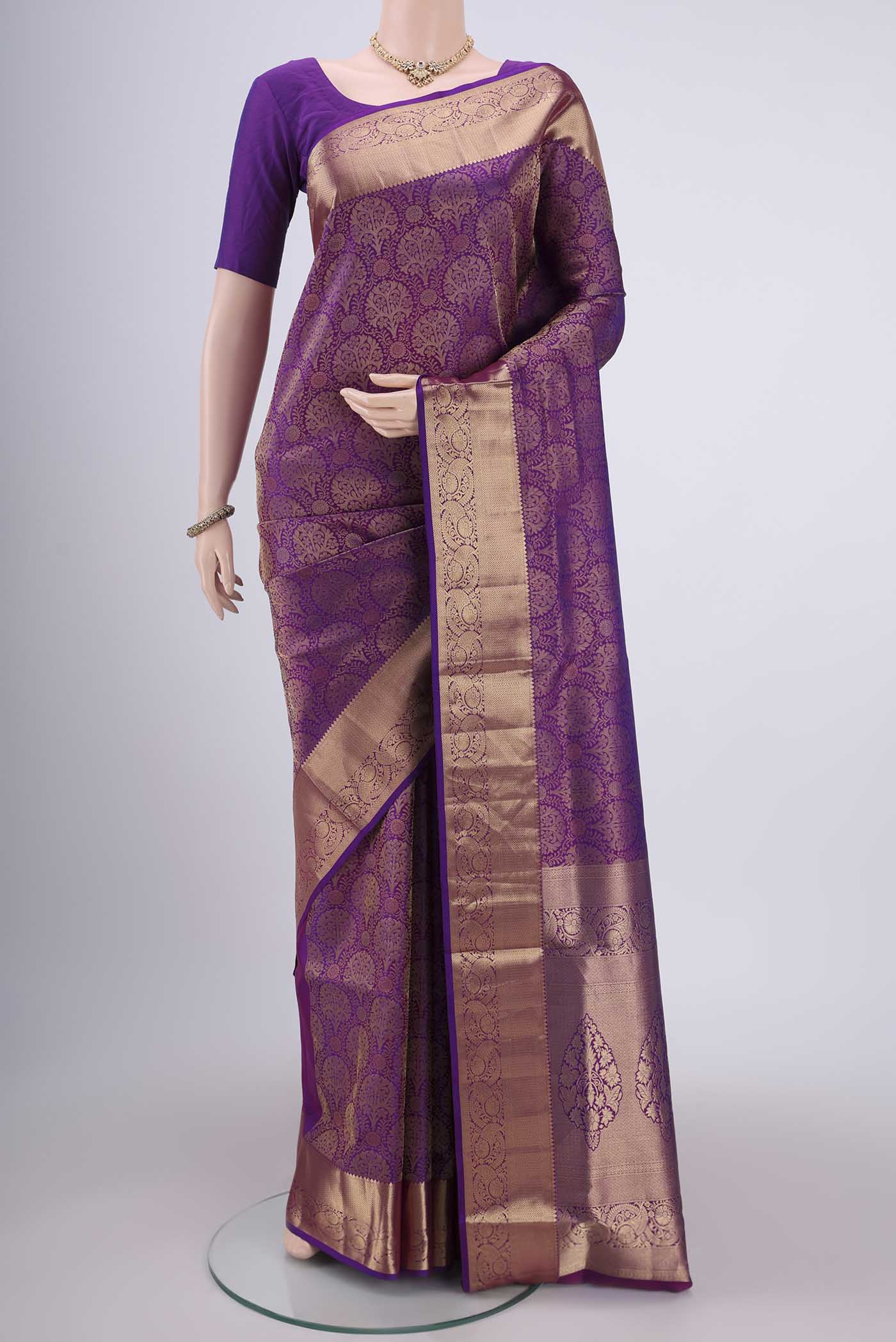 Purple Dual Tone Soft Silk Saree with Zari Brocade on the body and Zari Border.  displayed on a mannequin
