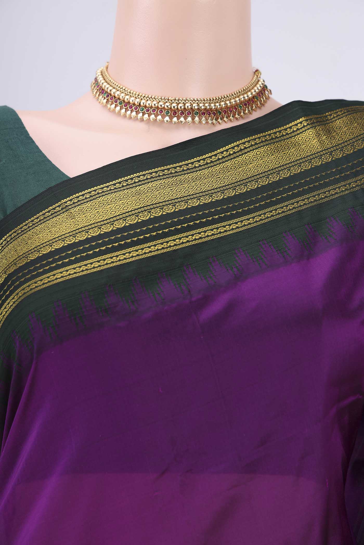 Border image of Purple Bangalore Silk Saree with Plain Body and Temple Border. 