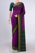 Purple Bangalore Silk Saree with Plain Body and Temple Border.  displayed on a mannequin