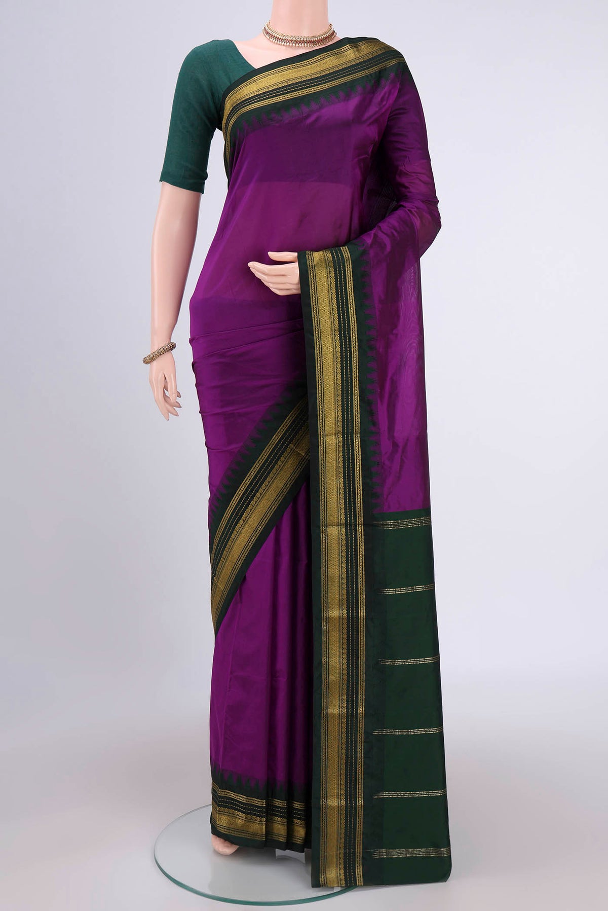 Purple Bangalore Silk Saree with Plain Body and Temple Border.  displayed on a mannequin