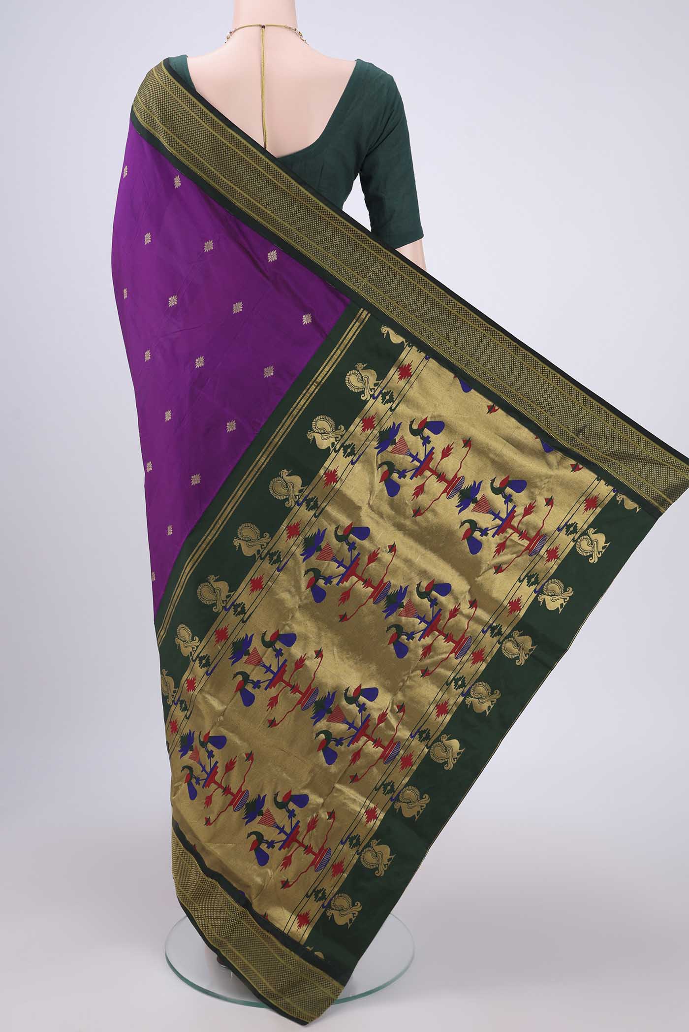 Flat view of Magenta Blended Bangalore Silk Saree with Zari Butta on the body and Zari Border. 