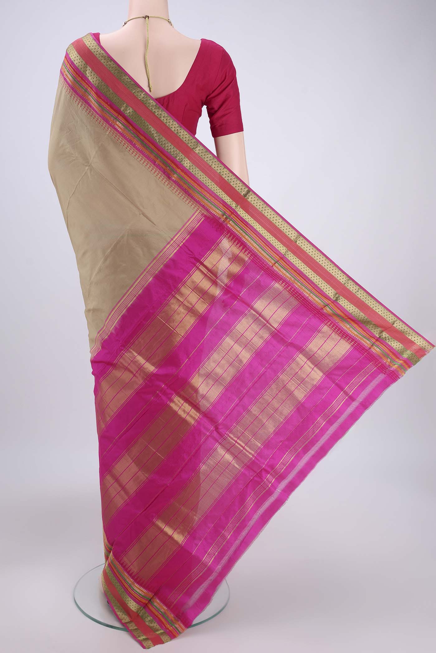 Flat view of Dark Beige Bangalore Silk - kadyal Saree with Plain Body and Zari Border. 