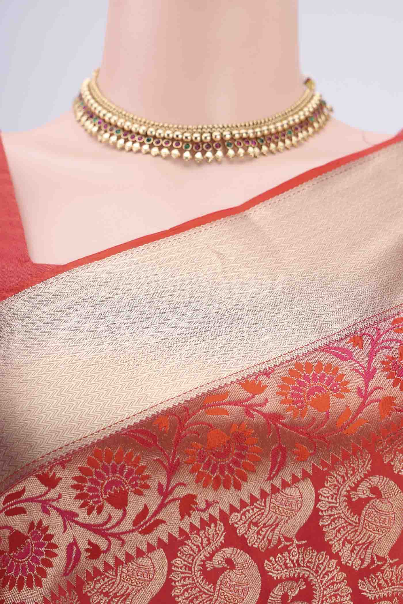 Border image of Brick Orange Dual Tone Soft Silk Saree with Zari Brocade on the body and Zari Border. 