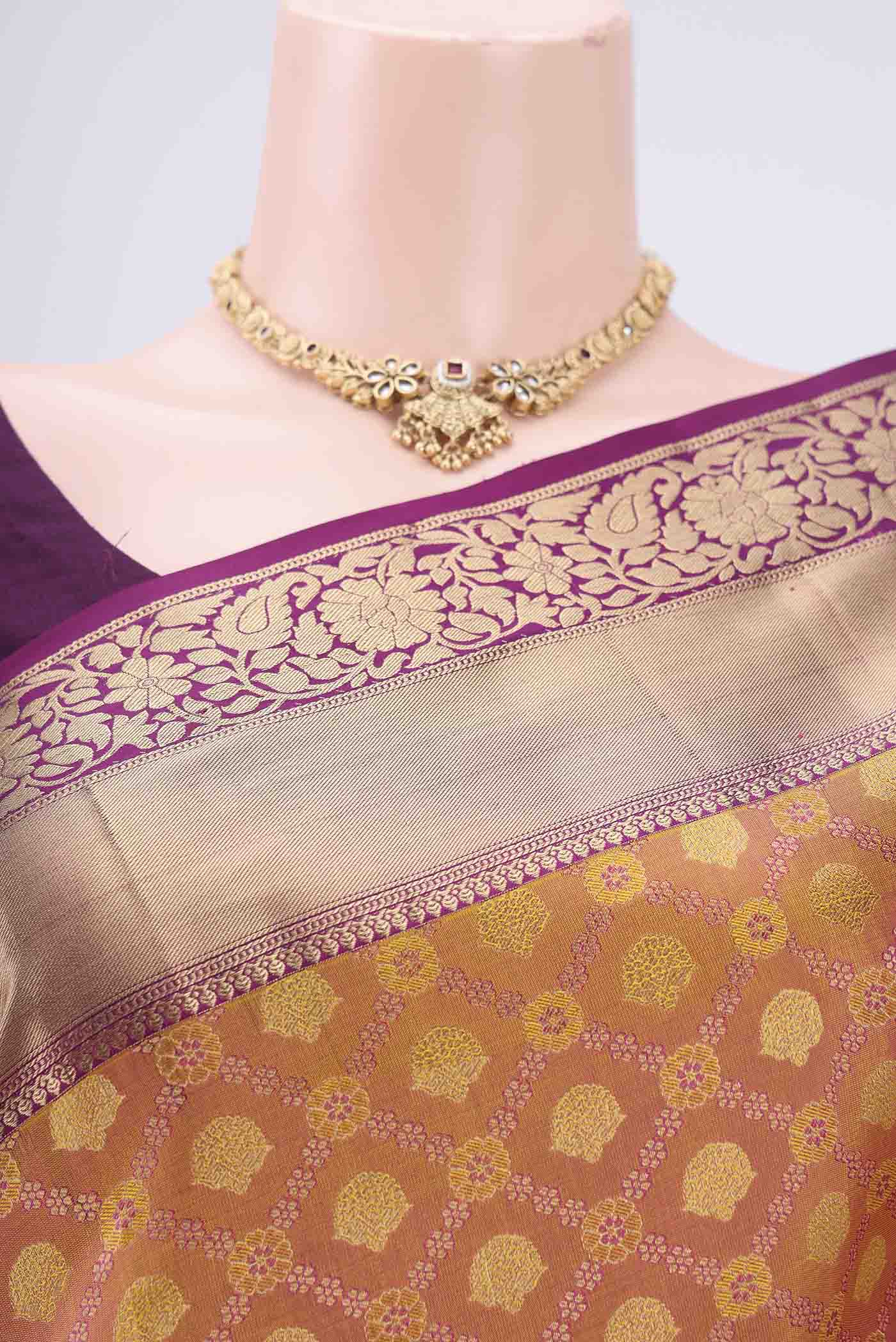 Border image of Pinkish Yellow Soft Silk Saree with Zari Brocade on the body and Zari Border. 