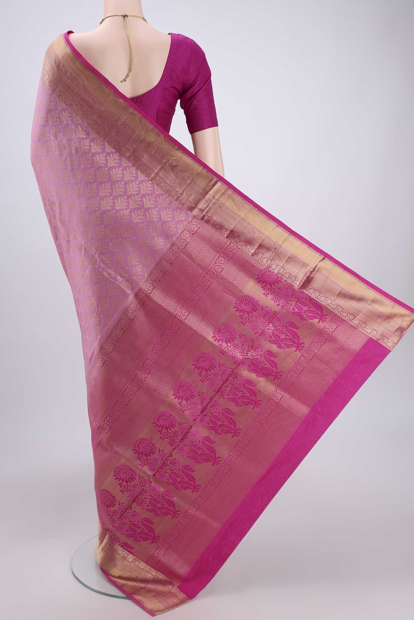 Flat view of Rose pink Dual Tone Soft Silk Saree with Zari Brocade on the body and Zari Border. 
