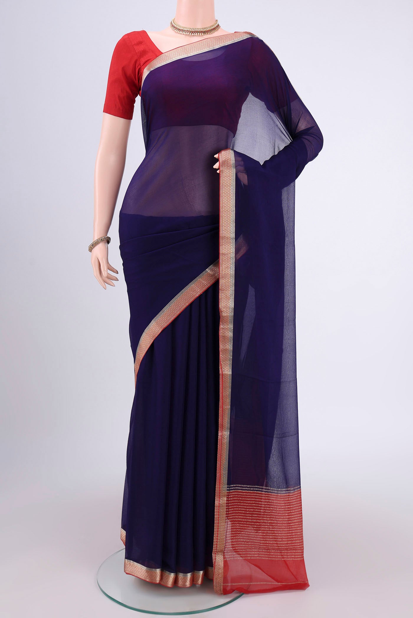 Purple Dual Tone Chiffon Saree with Plain Body and Zari Border.  displayed on a mannequin