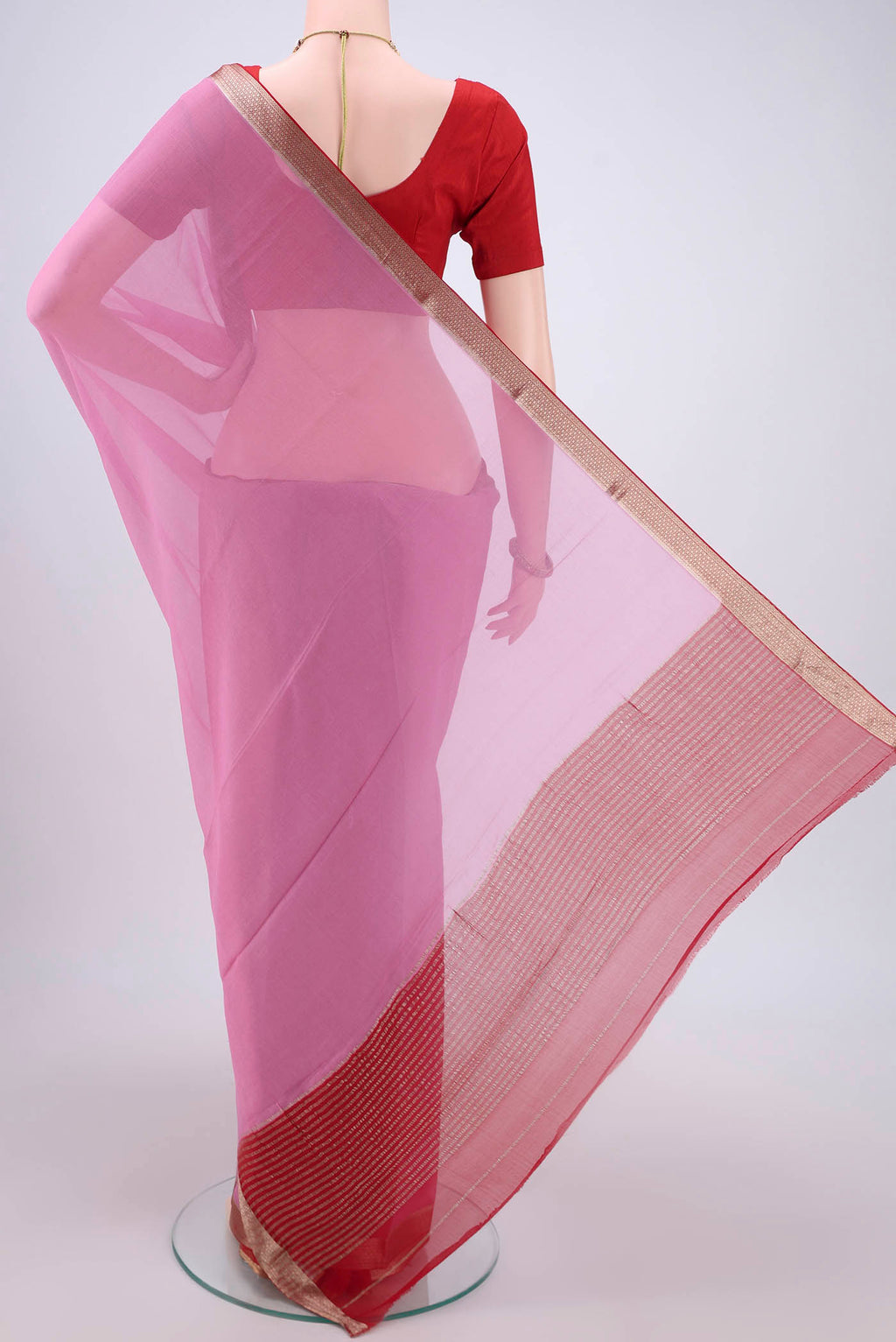 Flat view of Pink Dual Tone Mysore Chiffon Saree with Plain Body and Zari Border. 