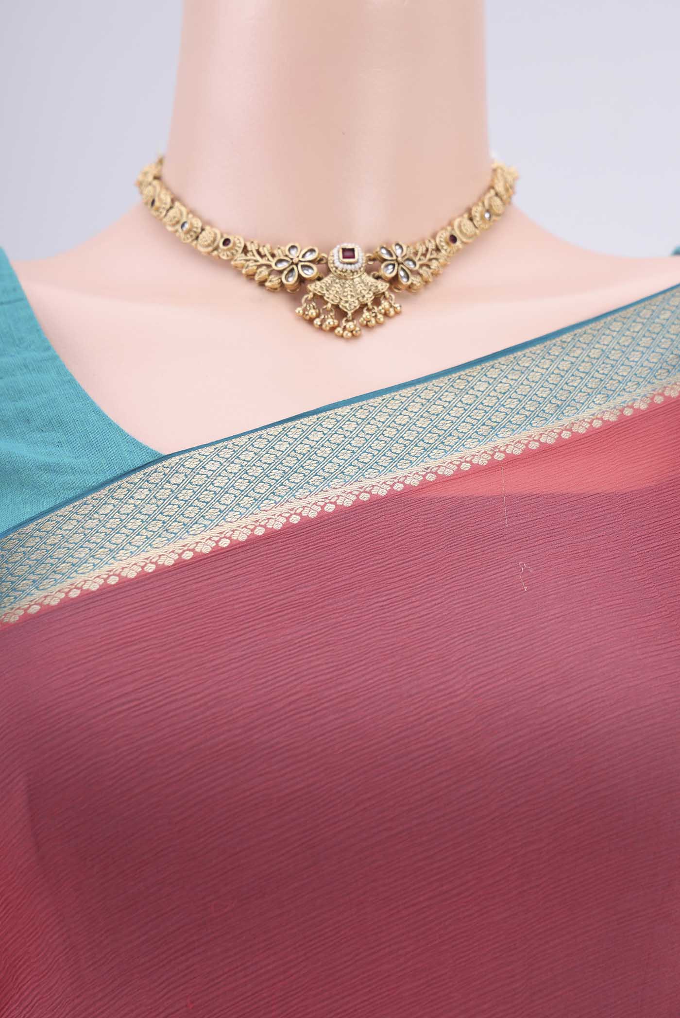 Border image of Peach Mysore Chiffon Saree with Plain Body and Zari Border. 