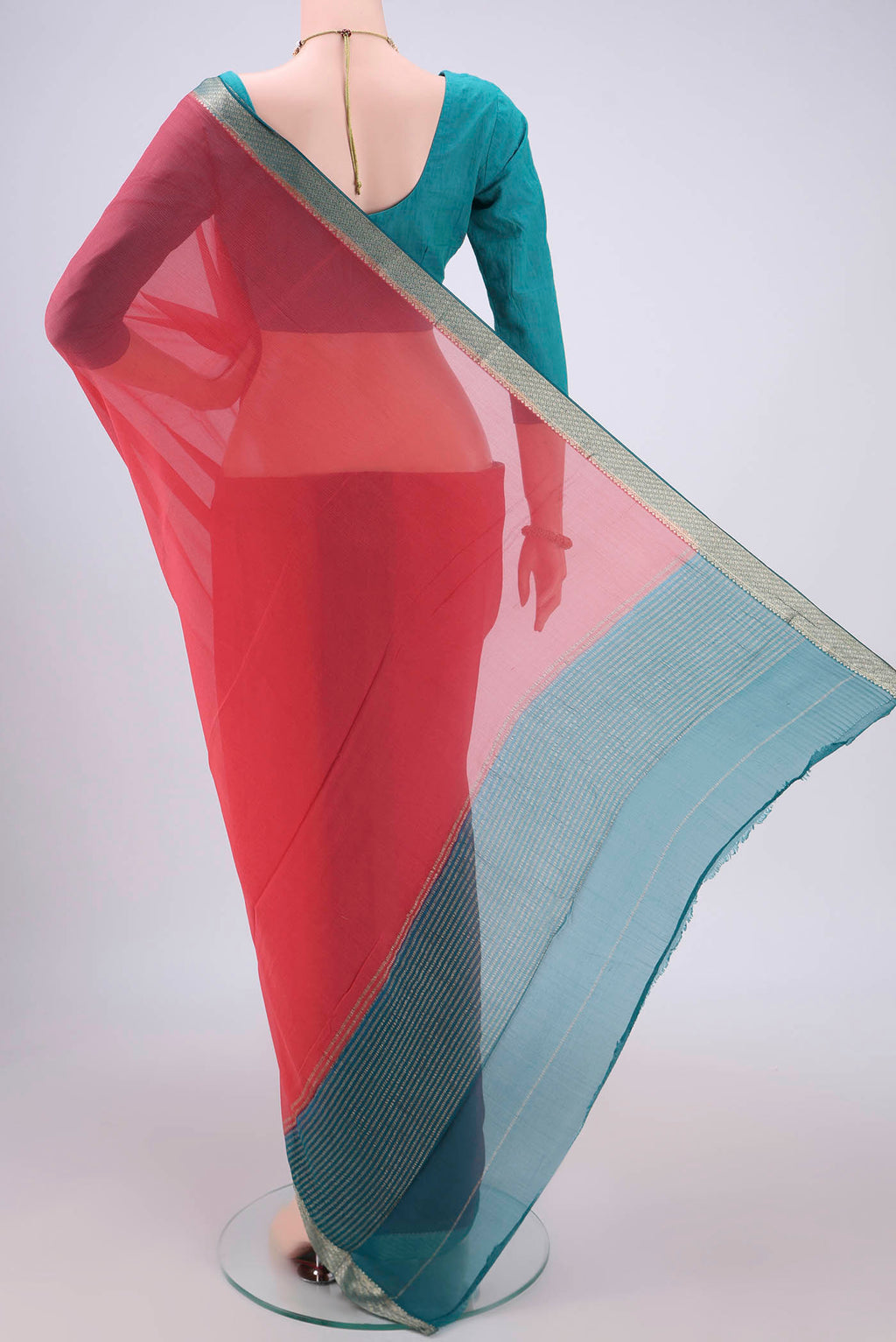 Flat view of Peach Mysore Chiffon Saree with Plain Body and Zari Border. 