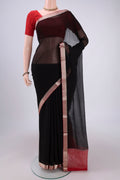 Black Dual Tone Mysore Chiffon Saree with Plain Body and Zari Border.  displayed on a mannequin