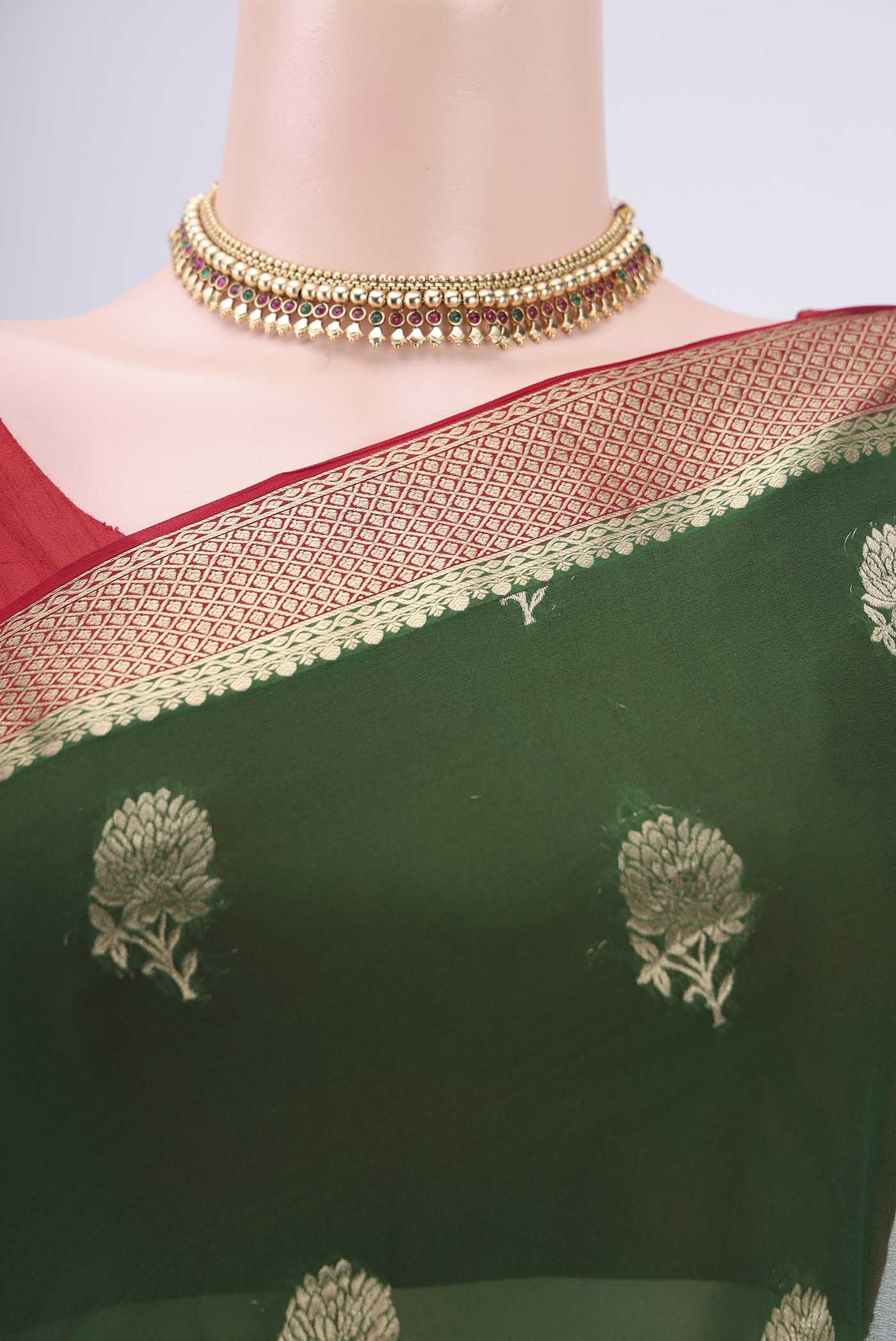 Border image of Green Dual Tone Mysore Georgette Saree with Zari Butta on the body and Zari Border. 