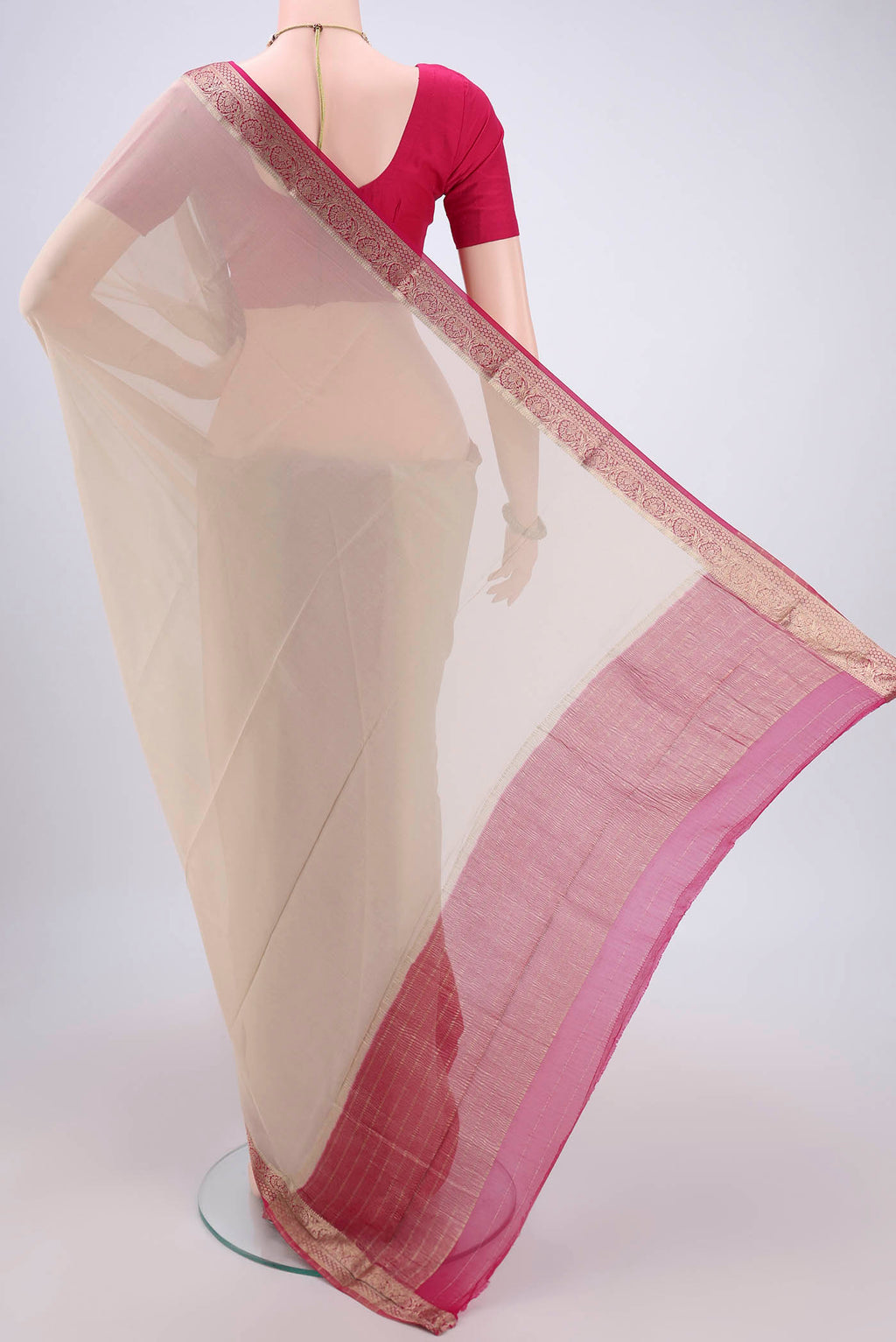Flat view of Cream Dual Tone Mysore Georgette Saree with Plain Body and Zari Border. 