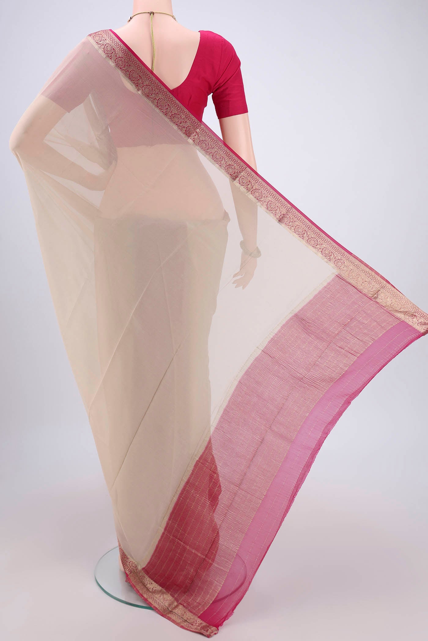 Flat view of Cream Dual Tone Mysore Georgette Saree with Plain Body and Zari Border. 
