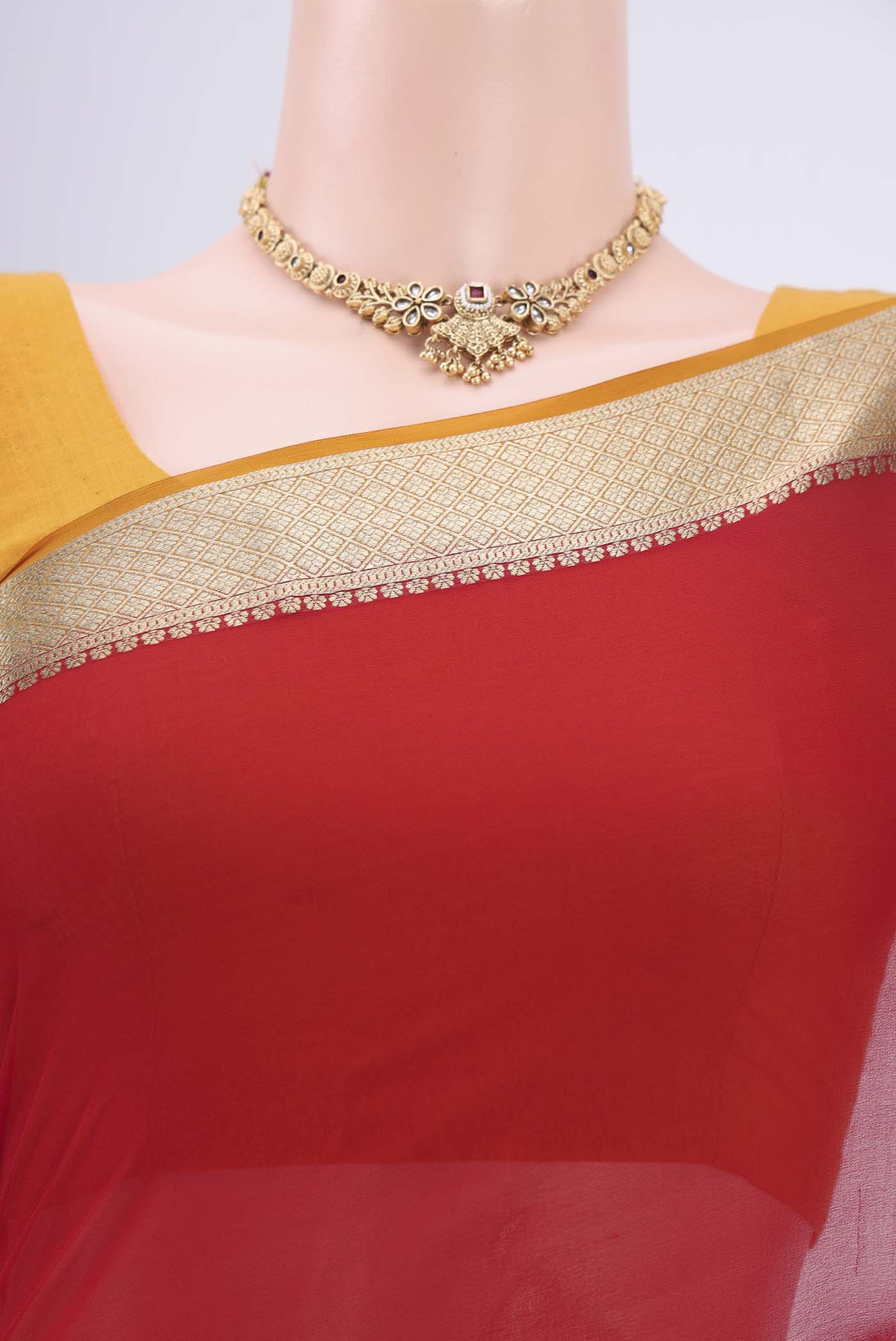 Border image of Deep Red Dual Tone Mysore Georgette Saree with Plain Body and Zari Border. 