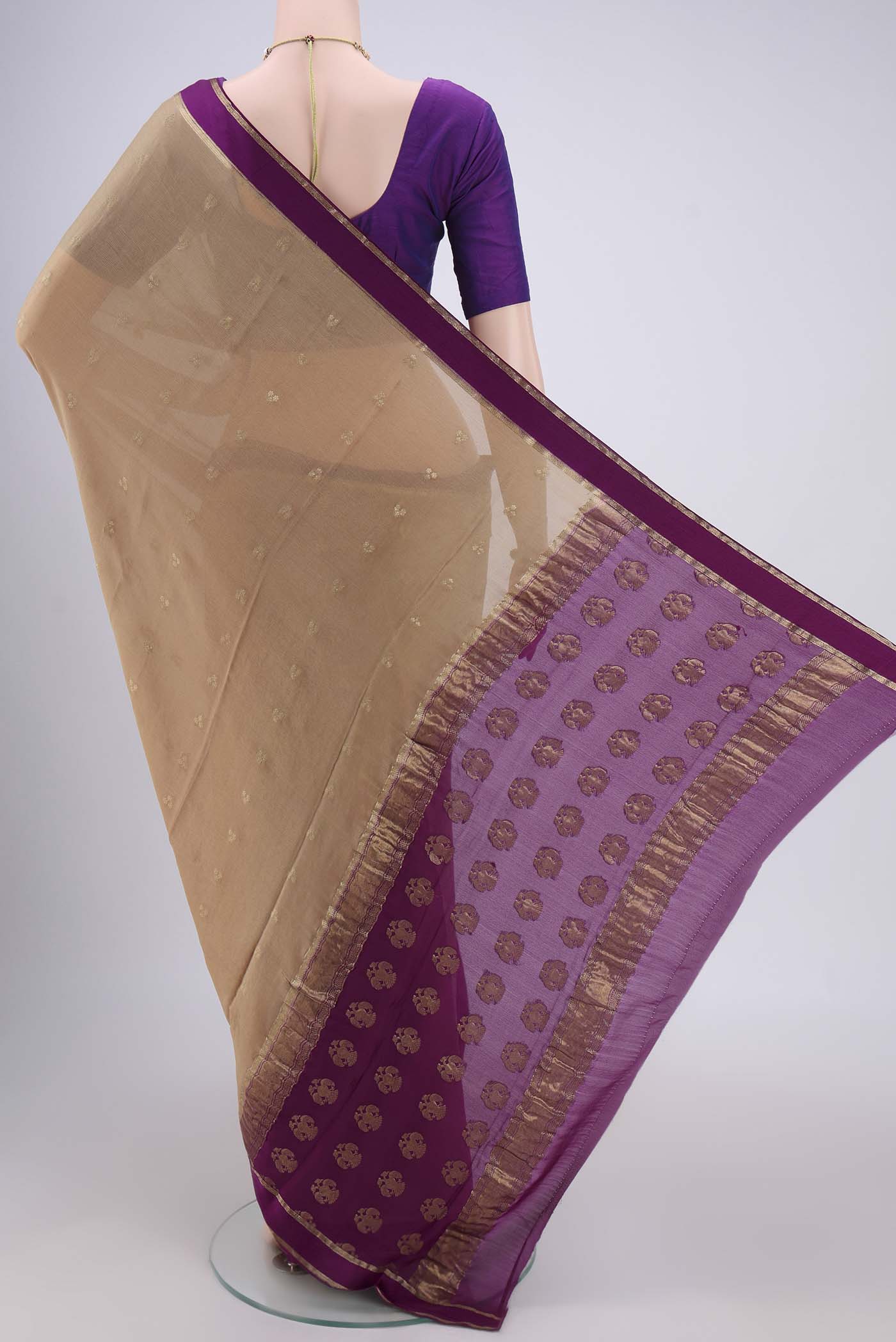 Flat view of Dark Beige Mysore Chiffon Saree with Zari Butta on the body and Zari Border. 